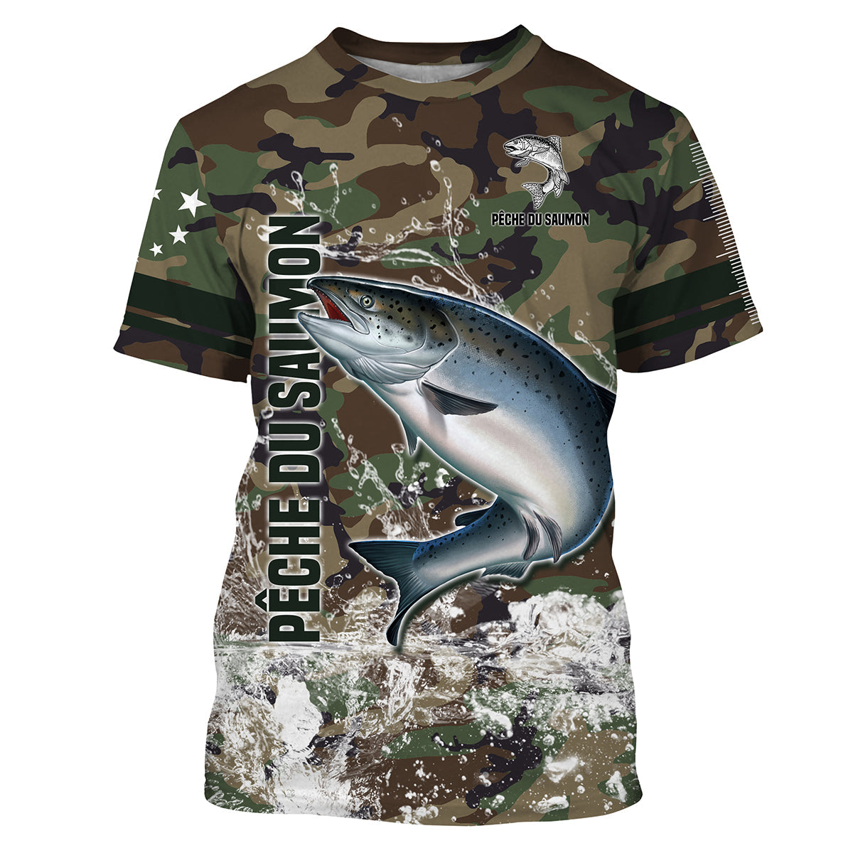 T-shirt pêche saumon all-over camouflage forêt vert brun motif saumon atlantique argenté en remontée prénom personnalisé