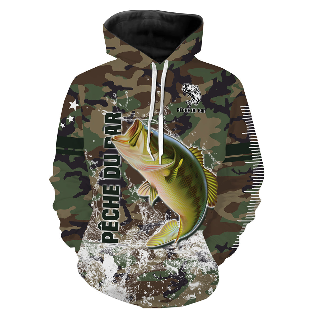 Sweat capuche pêche bar all-over camouflage forêt motif bar argenté gueule ouverte pêcheur prénom personnalisé