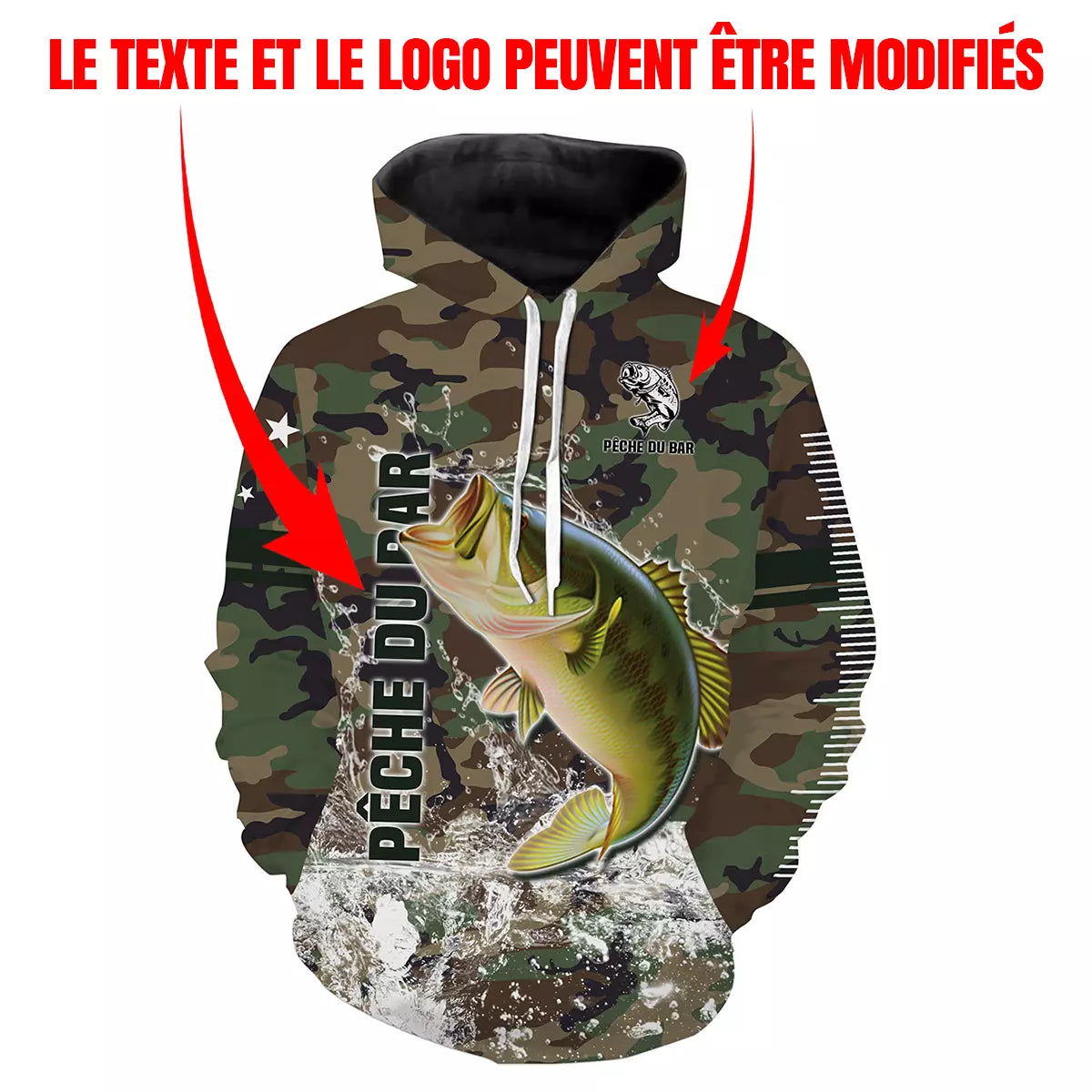 T-shirt pêche bar camouflage forêt motif bar argenté gueule ouverte surfcaster prénom personnalisé estuaire