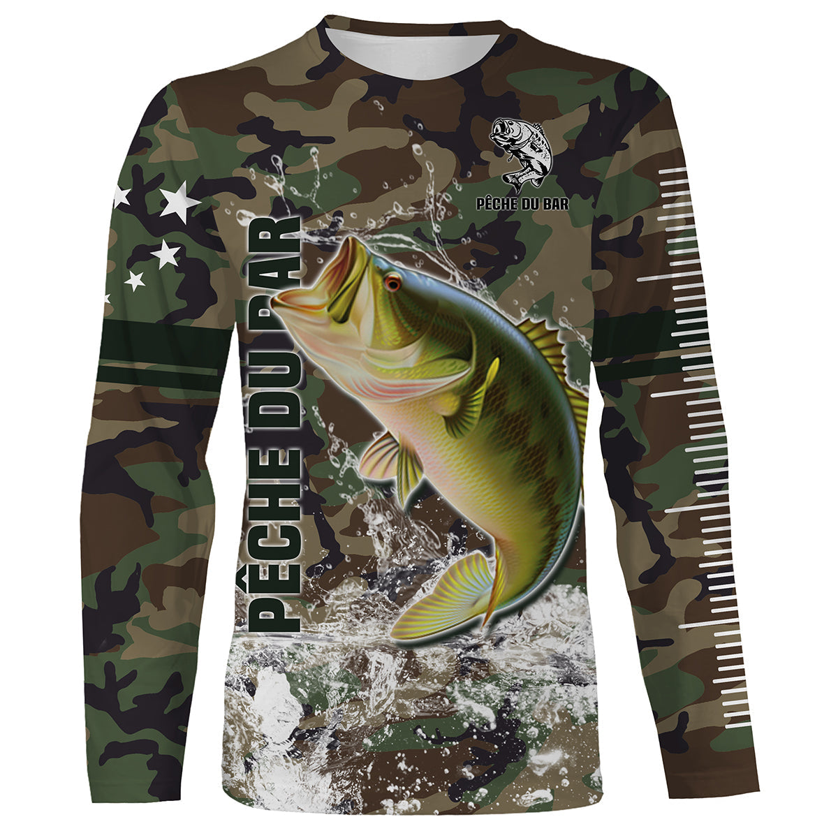 T-shirt manches longues pêche bar all-over camouflage forêt motif bar argenté prénom personnalisé surfcaster
