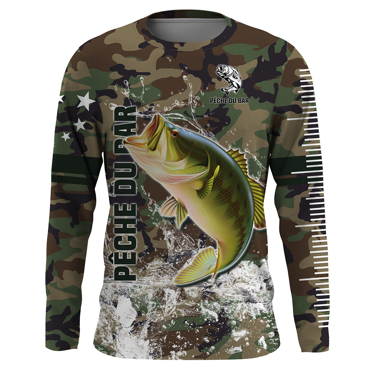 Hoodie pêche bar all-over camouflage forêt vert brun motif loup de mer carnassier prénom personnalisé