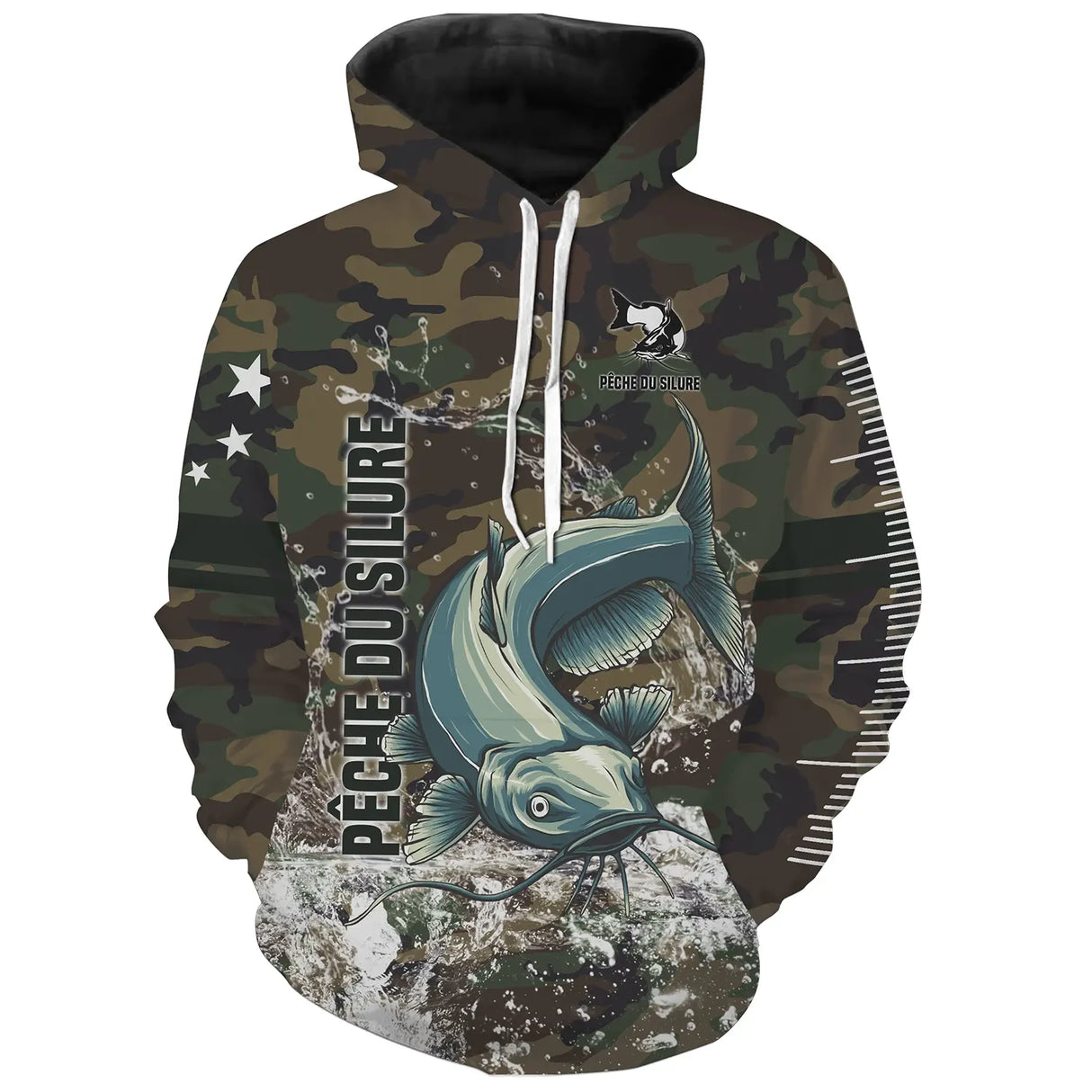 Sweat UV pêche silure all-over camouflage forêt vert brun motif silure barbillons en attaque prénom personnalisé