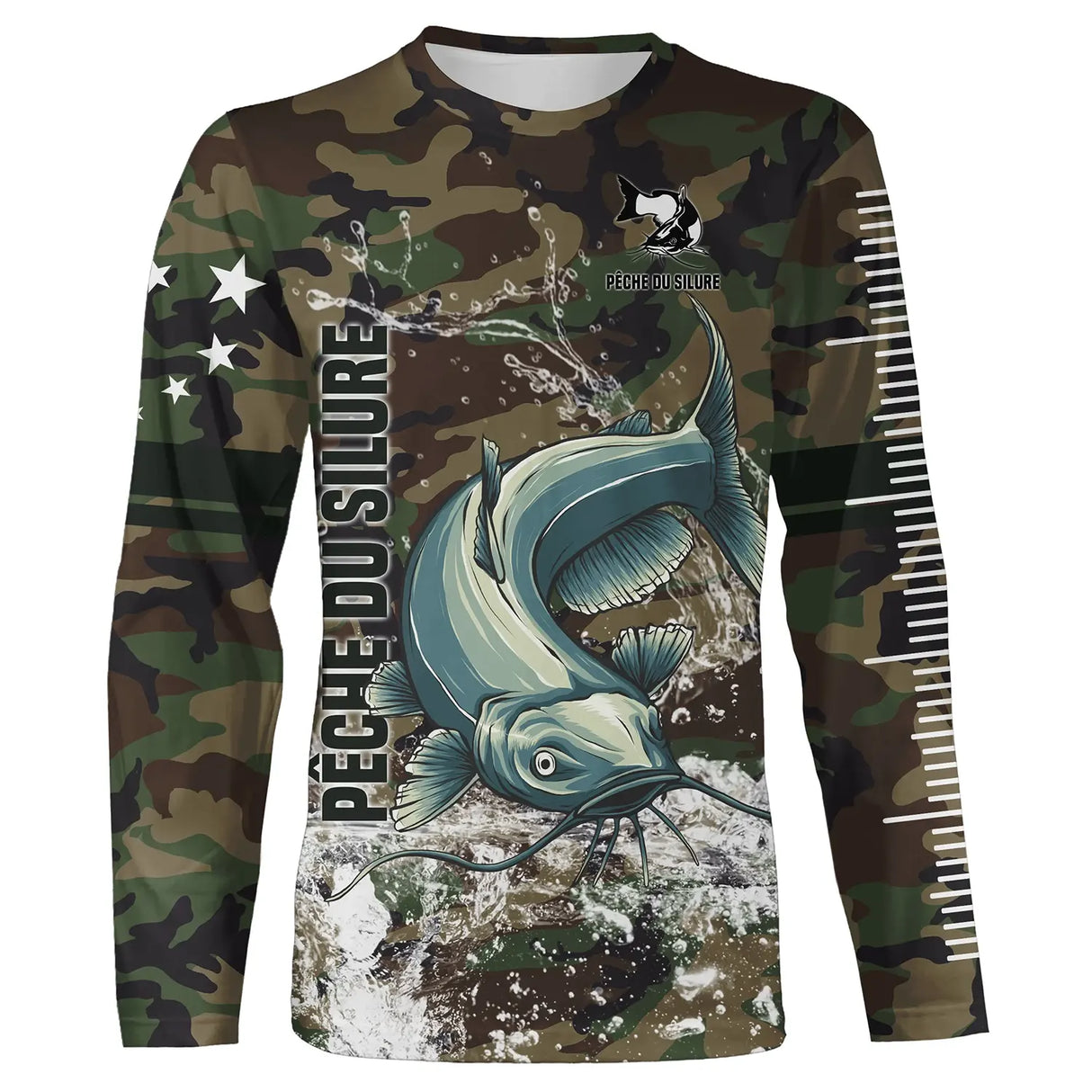 Sweat capuche pêche silure all-over camouflage forêt motif silure poisson-chat barbillons prénom personnalisé