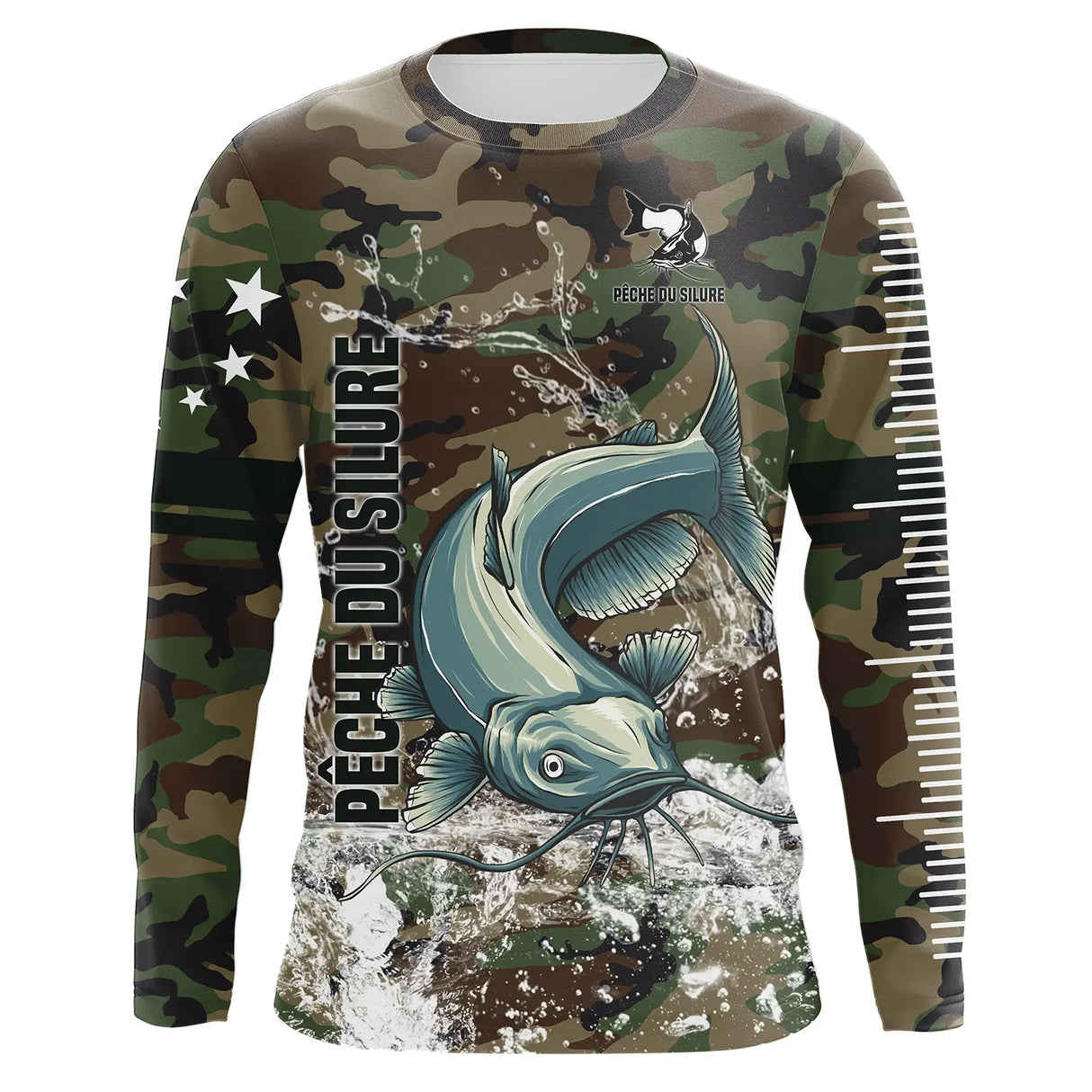 Maillot UV manches longues pêche silure all-over camouflage forêt motif silure catfish prénom personnalisé