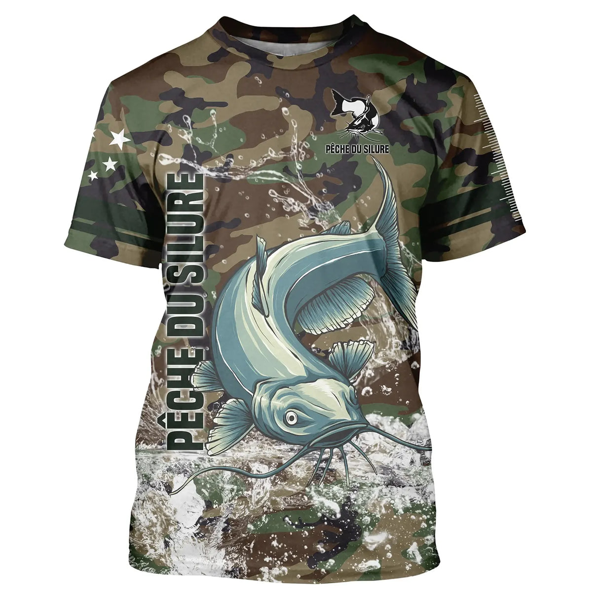 T-shirt UV pêche silure all-over camouflage forêt motif silure aux barbillons pêcheur prénom personnalisé clonk