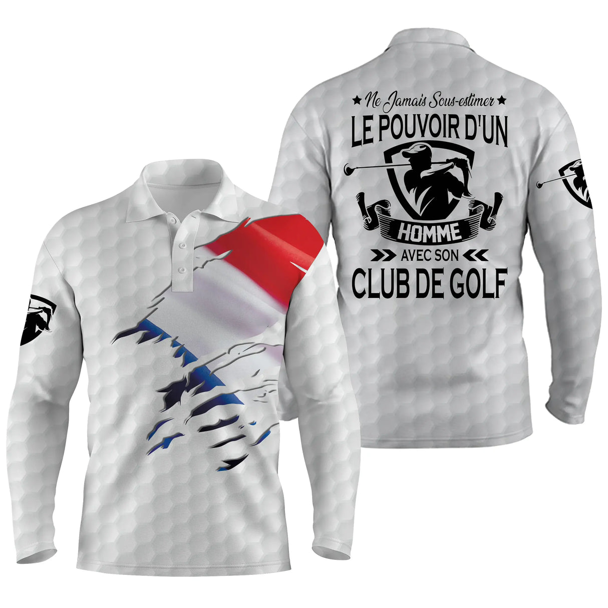 Polo manches longues golf unisexe bleu clair éclaboussure tricolore slogan Pouvoir Club de Golf tissu respirant