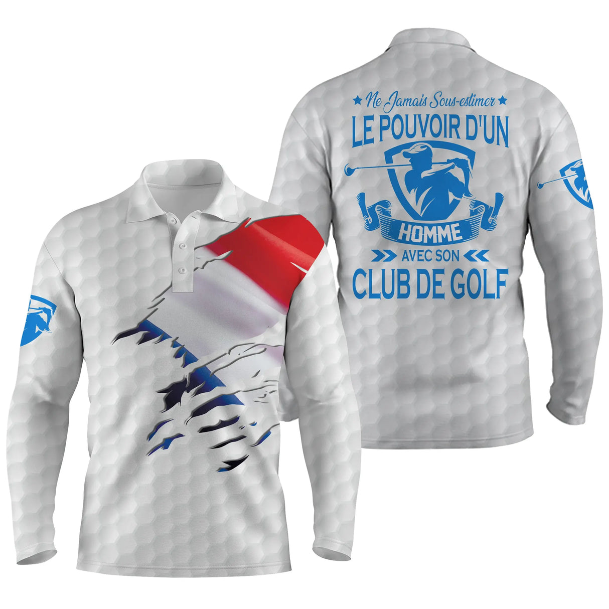 Polo manches longues golf unisexe bleu marine éclaboussure tricolore slogan Pouvoir Club de Golf tissu respirant