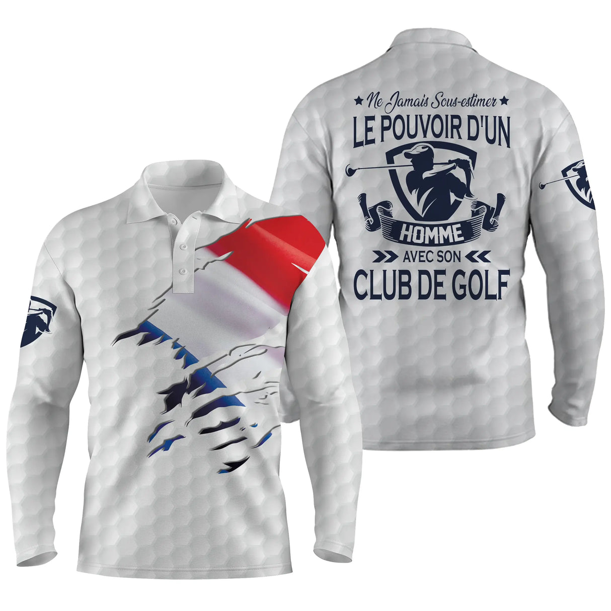 Polo manches longues golf unisexe noir éclaboussure tricolore slogan Pouvoir Club de Golf tissu respirant