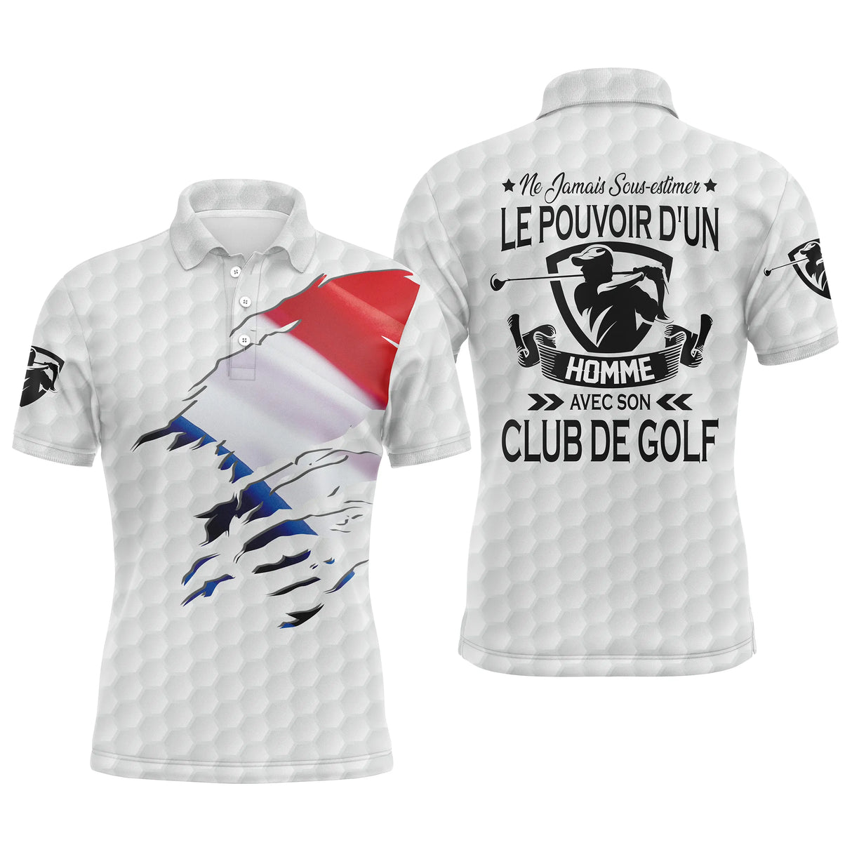 Polo golf homme bleu clair éclaboussure tricolore drapeau France slogan Ne Jamais Sous Estimer Le Pouvoir Club de Golf