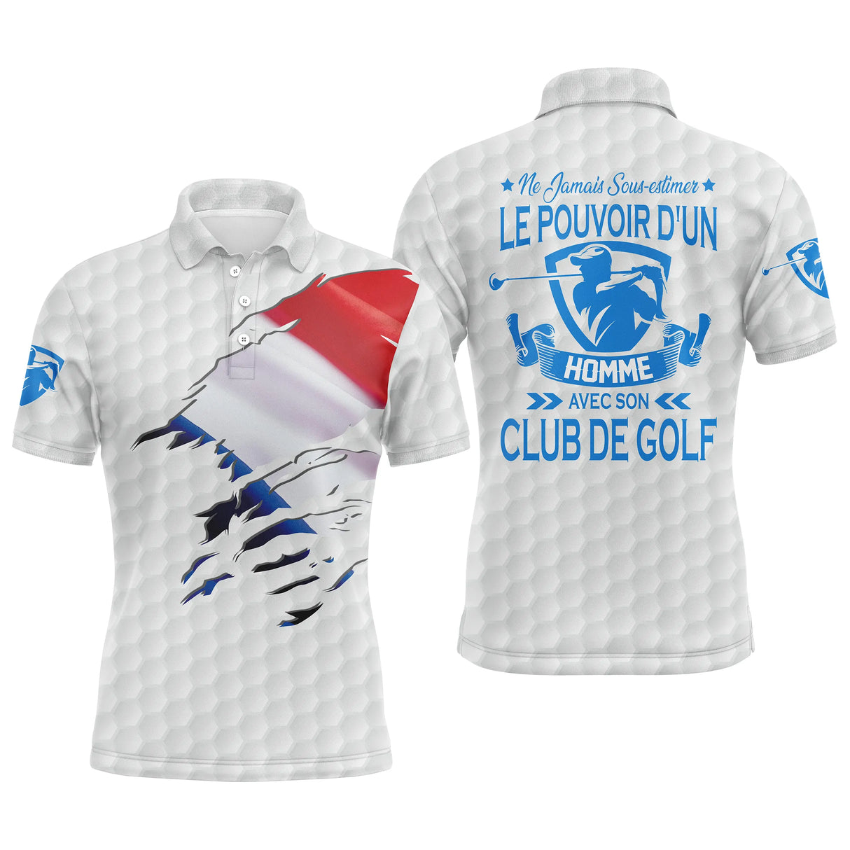 Polo golf homme bleu marine éclaboussure tricolore drapeau France slogan Pouvoir Club de Golf coupe ajustée