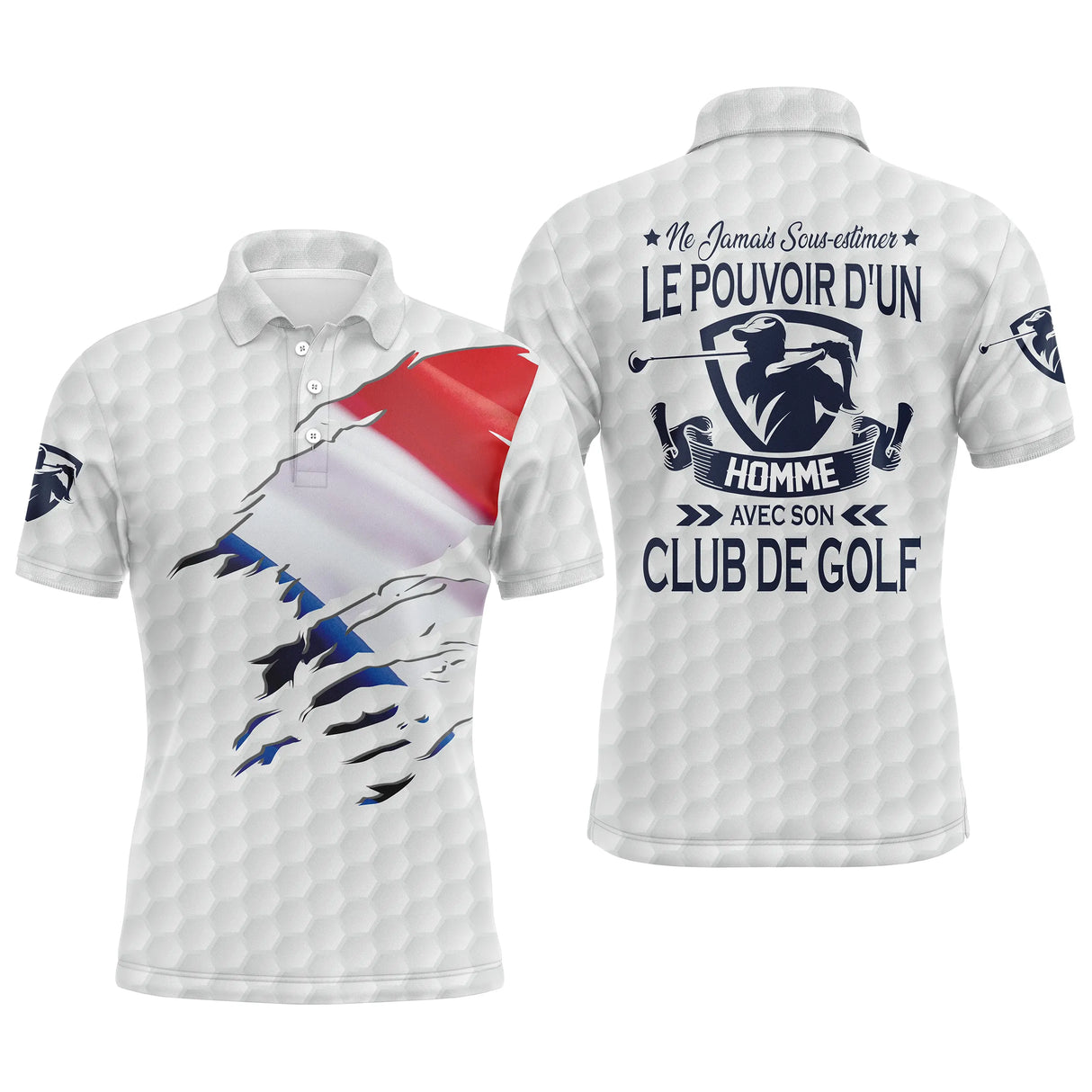 Polo golf homme noir profond éclaboussure tricolore drapeau France slogan Pouvoir Club de Golf coupe ajustée