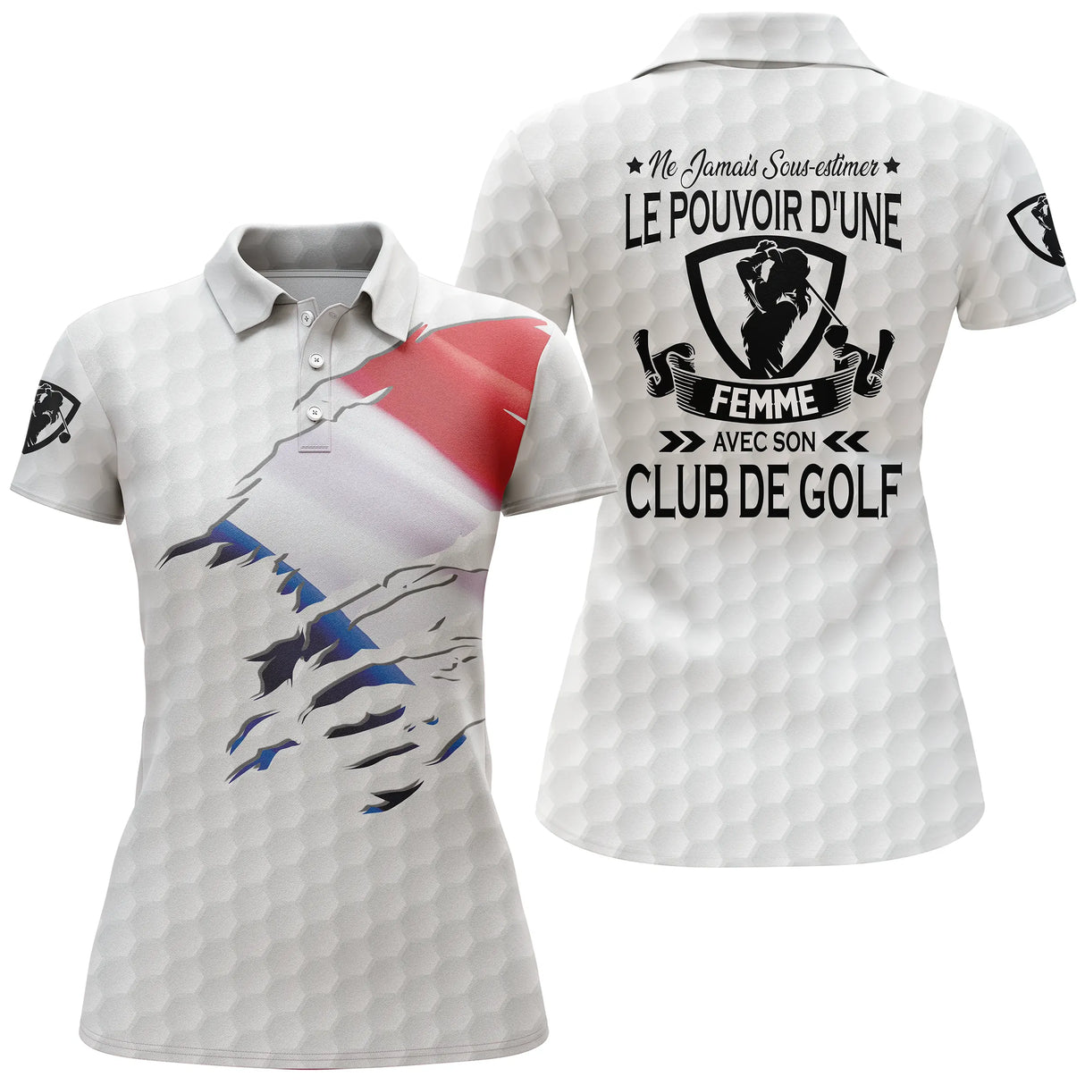 Polo golf femme bleu clair éclaboussure tricolore drapeau France slogan Pouvoir Club de Golf coupe cintrée