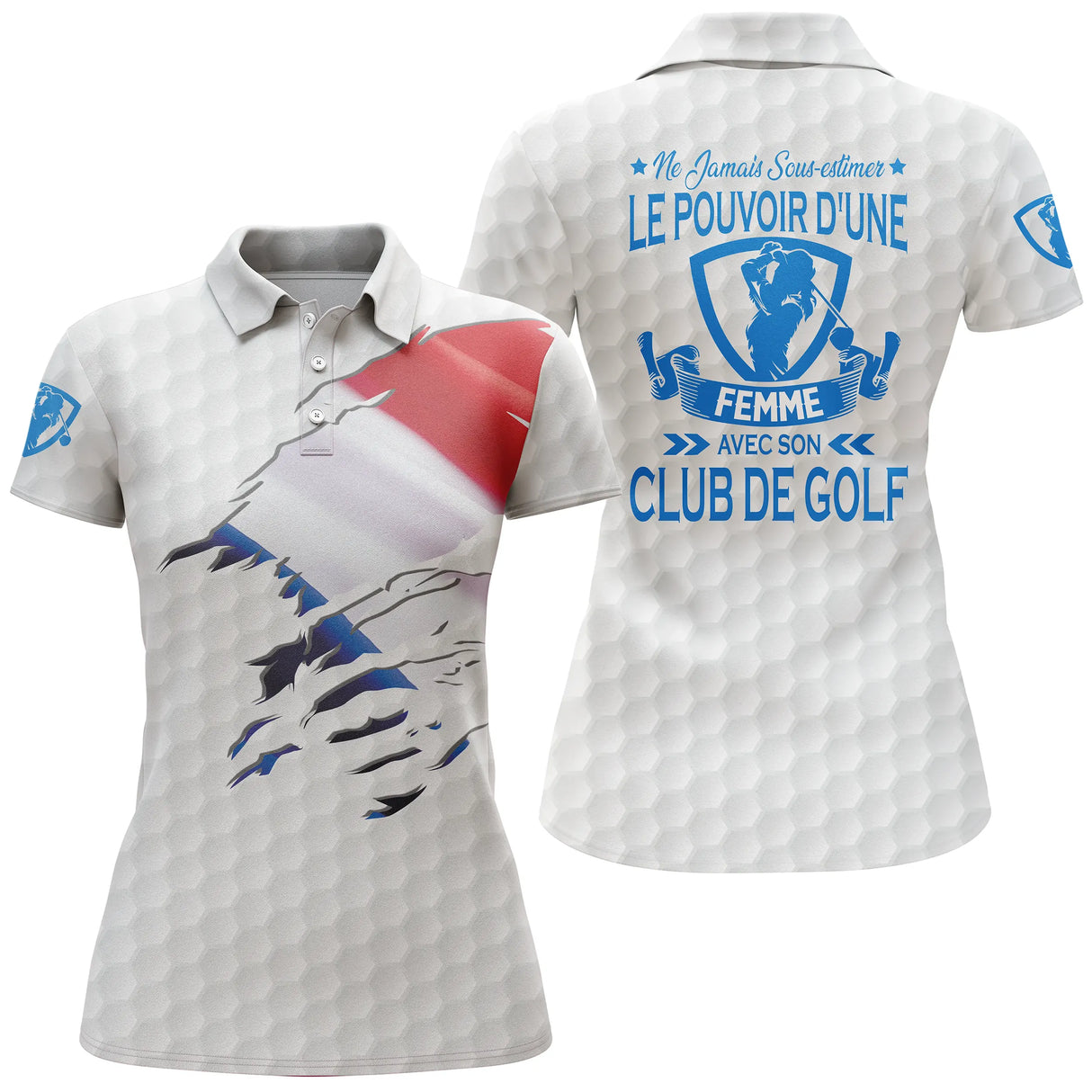 Polo golf femme bleu marine éclaboussure tricolore drapeau France slogan Pouvoir Club de Golf coupe cintrée
