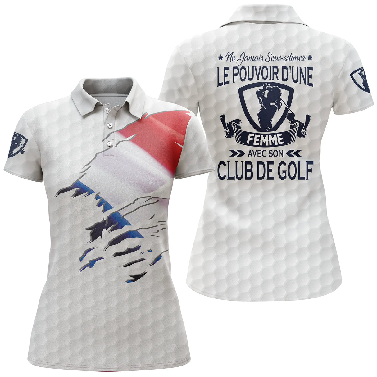 Polo golf femme noir éclaboussure tricolore drapeau France slogan Pouvoir Club de Golf coupe cintrée tissu respirant