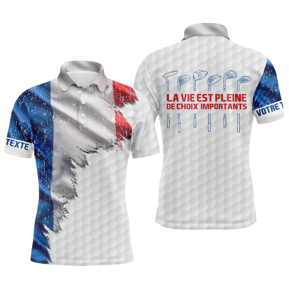 Polo golf homme blanc texture balle de golf éclaboussure tricolore bleu blanc rouge clubs alignés slogan La Vie Pleine Choix