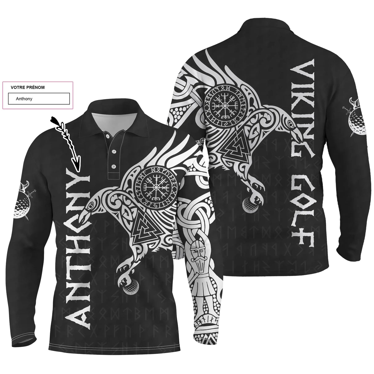 Polo manches longues golf unisexe noir tatouage tribal viking corbeau Vegvísir Viking Golf tissu respirant