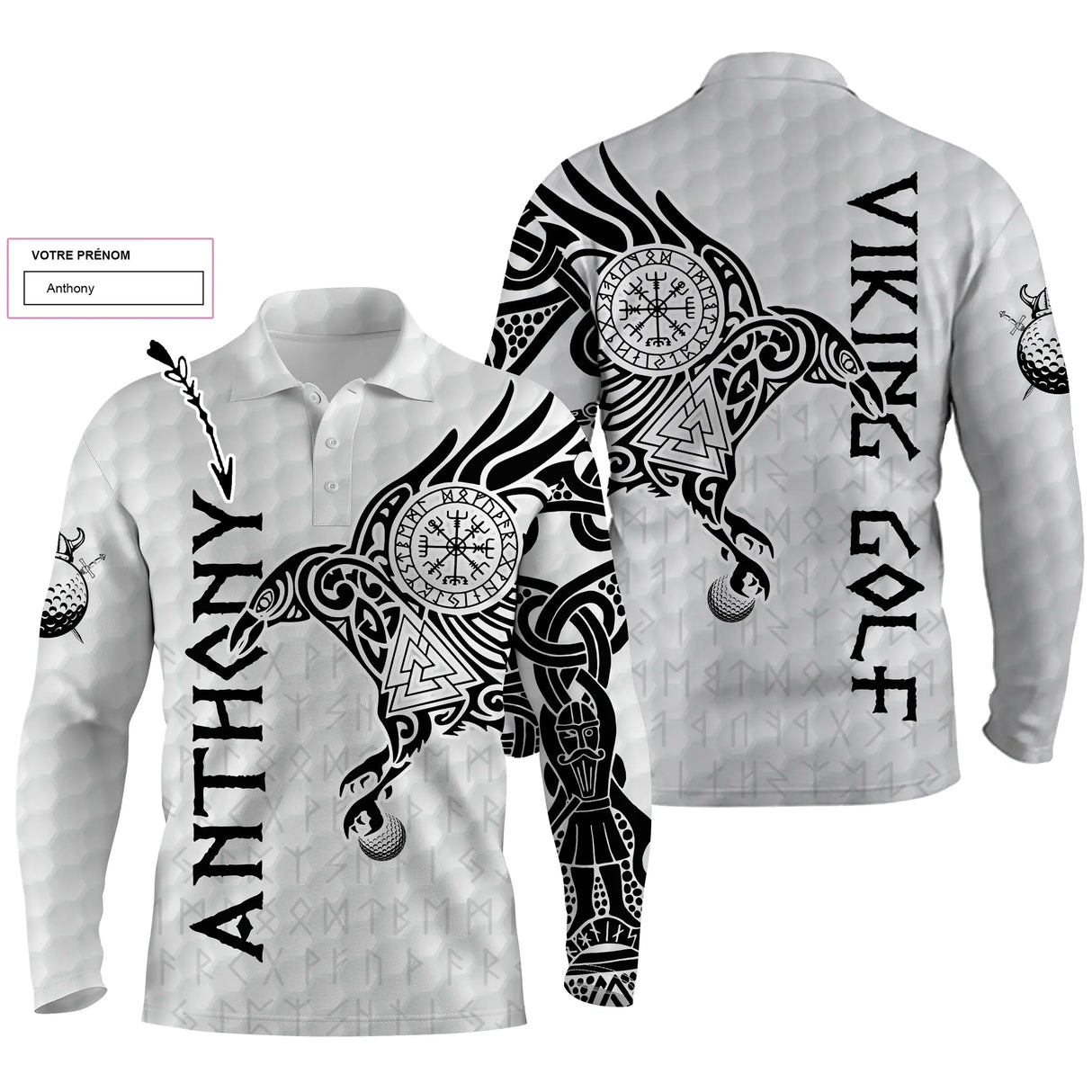 Polo manches longues golf unisexe blanc tatouage tribal viking corbeau Vegvísir Viking Golf tissu respirant