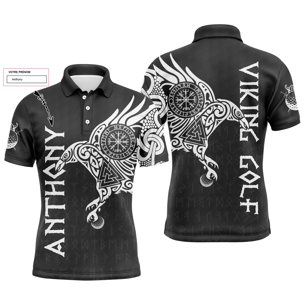 Polo golf homme noir tatouage tribal viking corbeau ailes déployées Vegvísir inscription Viking Golf prénom manche