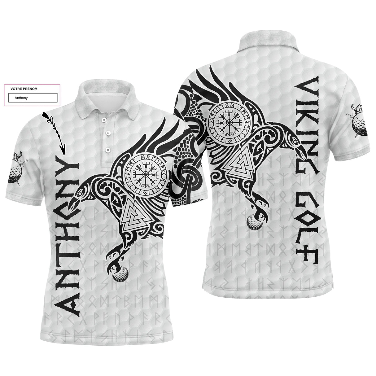 Polo golf homme blanc tatouage tribal viking corbeau ailes déployées Vegvísir inscription Viking Golf prénom manche