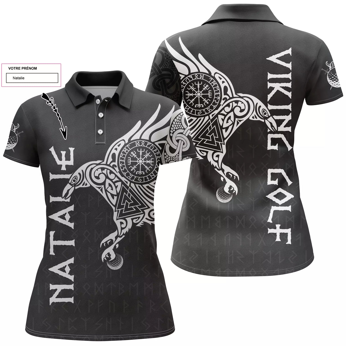 Polo golf femme noir intense tatouage tribal viking corbeau Vegvísir Viking Golf coupe cintrée tissu respirant