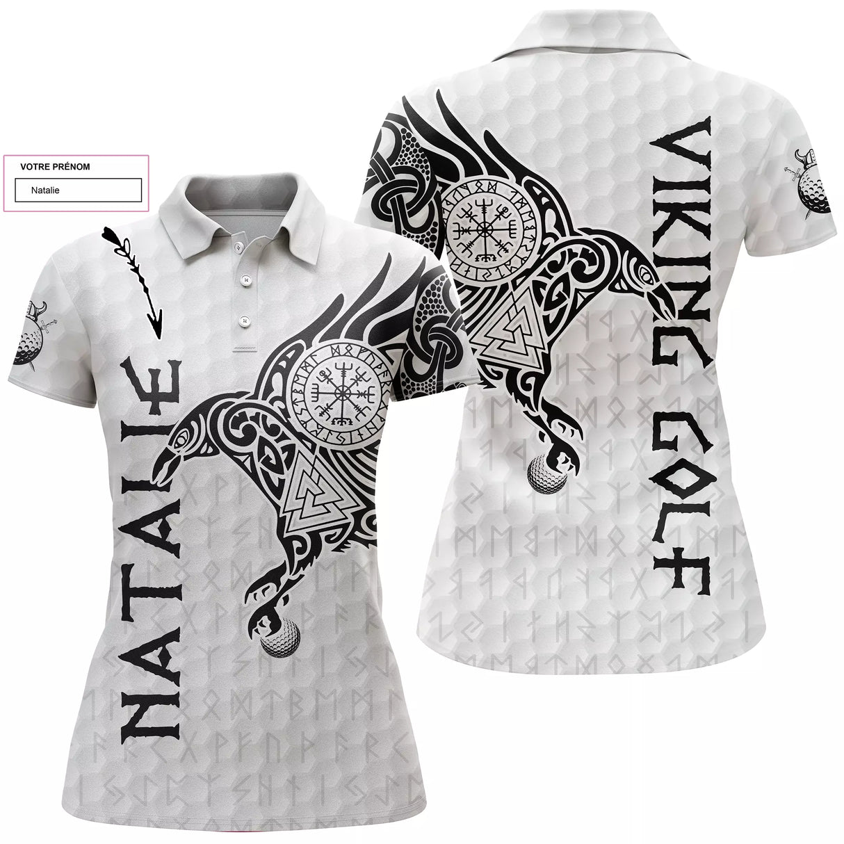 Polo golf femme blanc immaculé tatouage tribal viking corbeau Vegvísir Viking Golf coupe cintrée tissu respirant