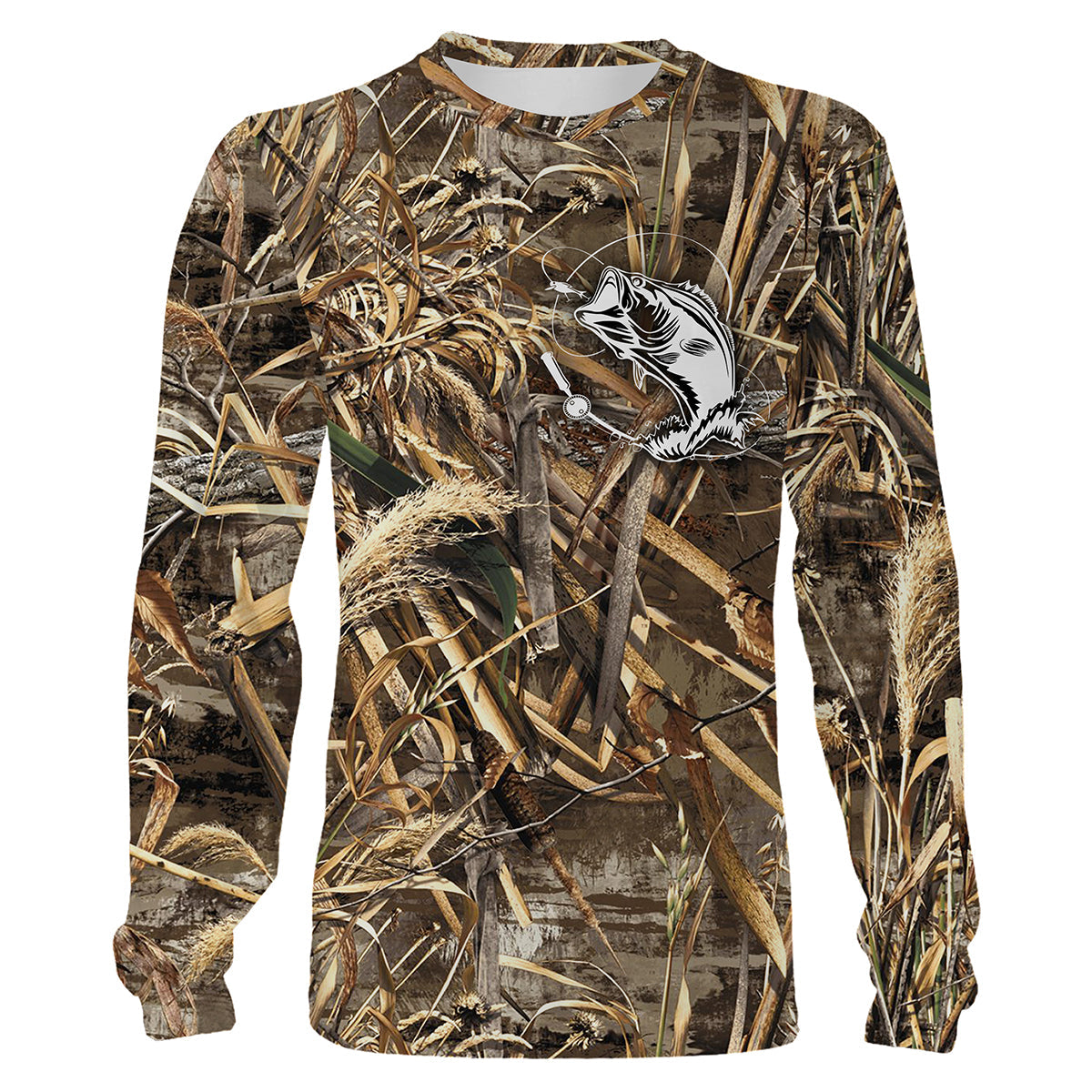 T-shirt manches longues pêche bar leurre camouflage motif loup mer photoréaliste