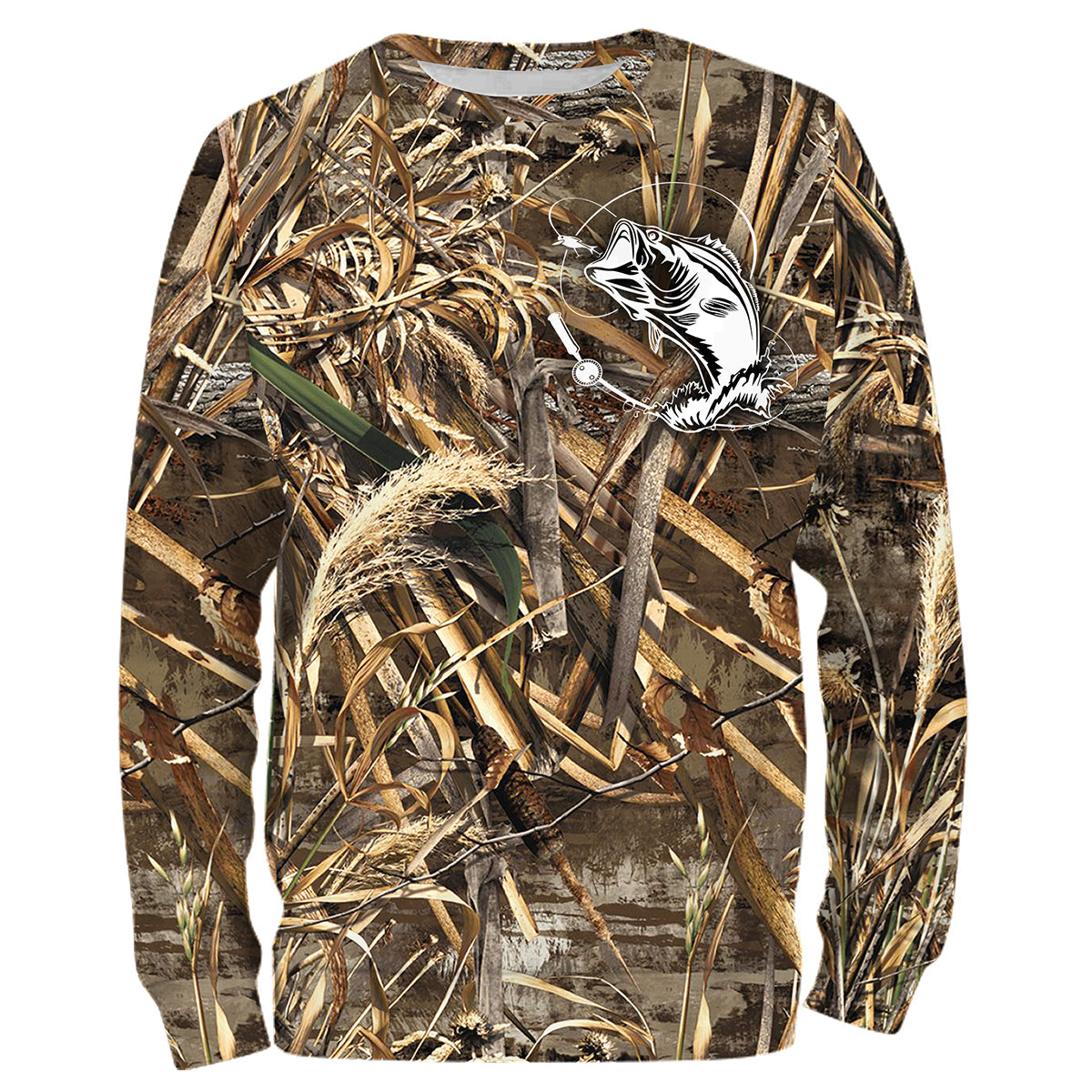 Sweater all-over pêche bar leurre camouflage roseau motif loup mer estuaire
