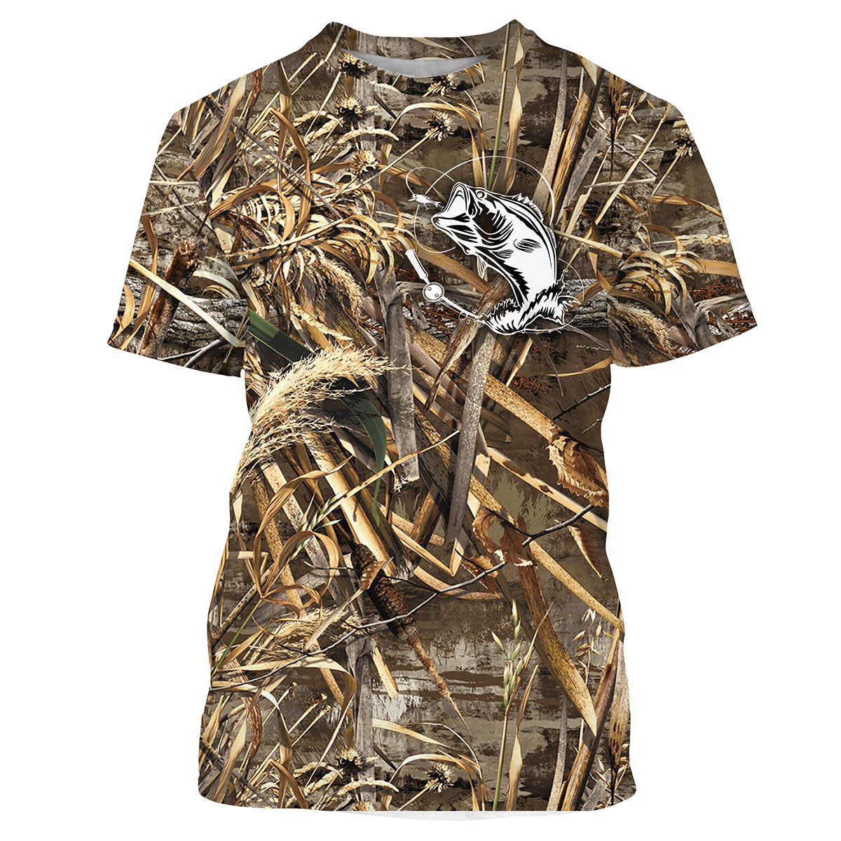 T-shirt all-over pêche bar au leurre camouflage roseau motif loup mer attaque leurre souple, vue de face