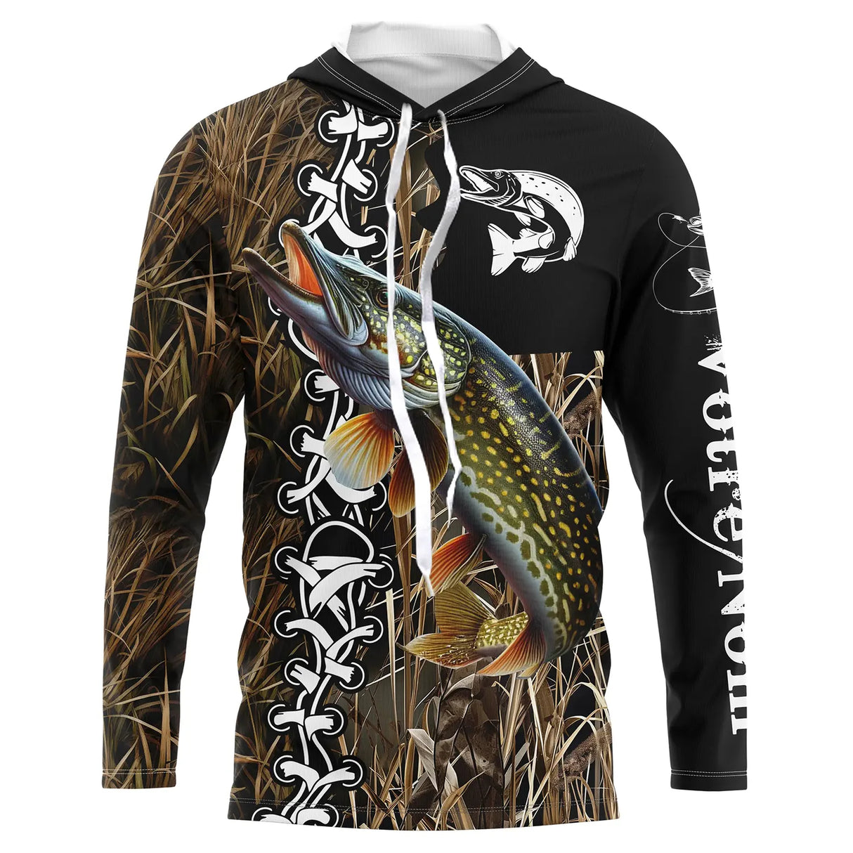 Sweat UV à capuche pêche brochet noir camouflage roseau leurre tatouage prénom personnalisé, vue de face