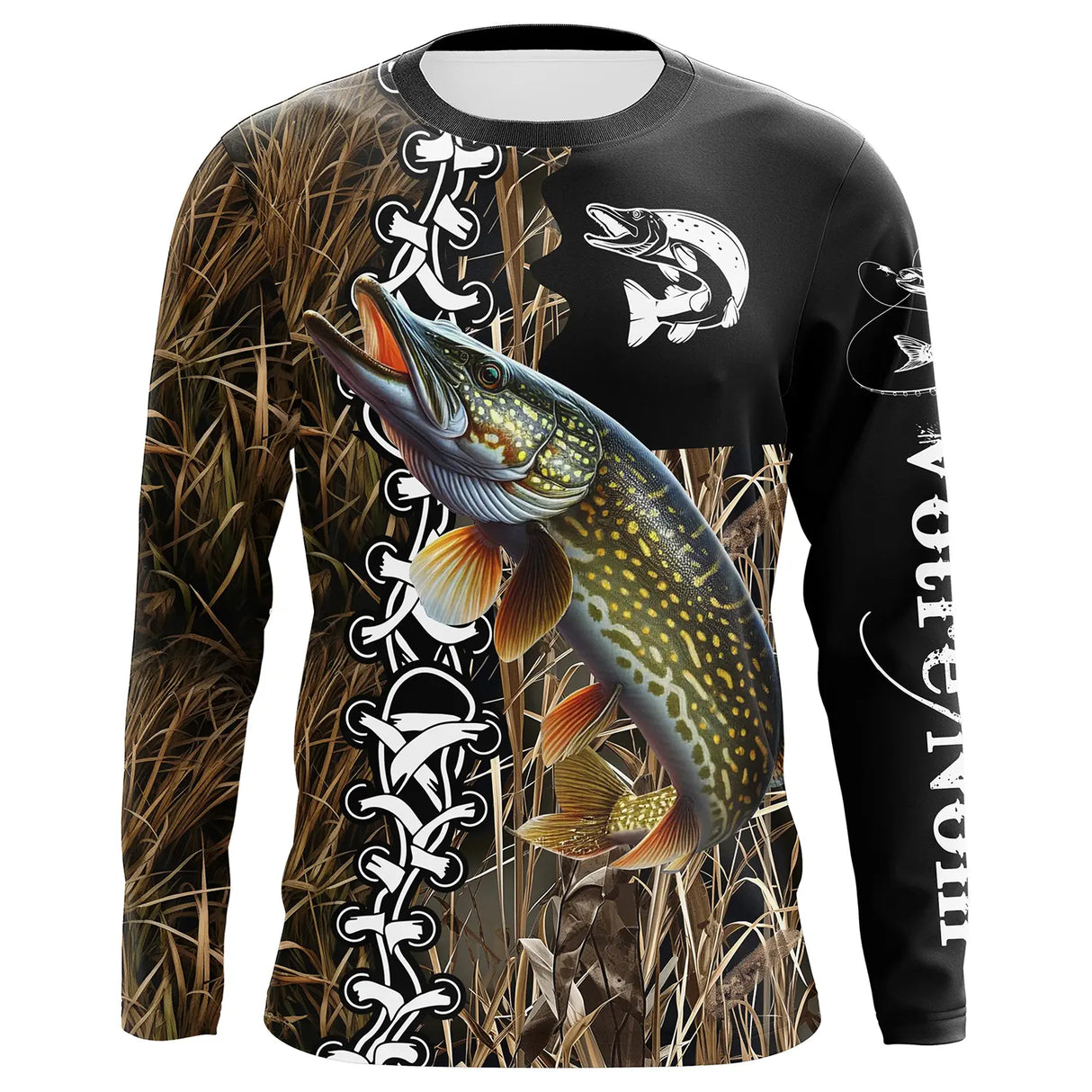 Maillot UV manches longues pêche brochet noir camouflage leurre prénom personnalisé