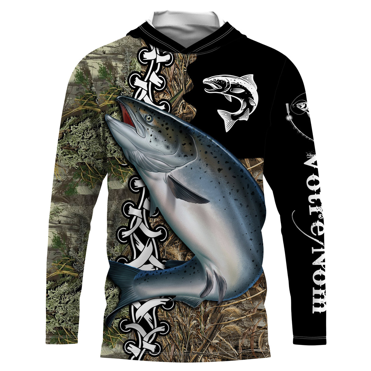 Sweat UV à capuche pêche saumon noir camouflage roseau passion prénom personnalisé, vue de face
