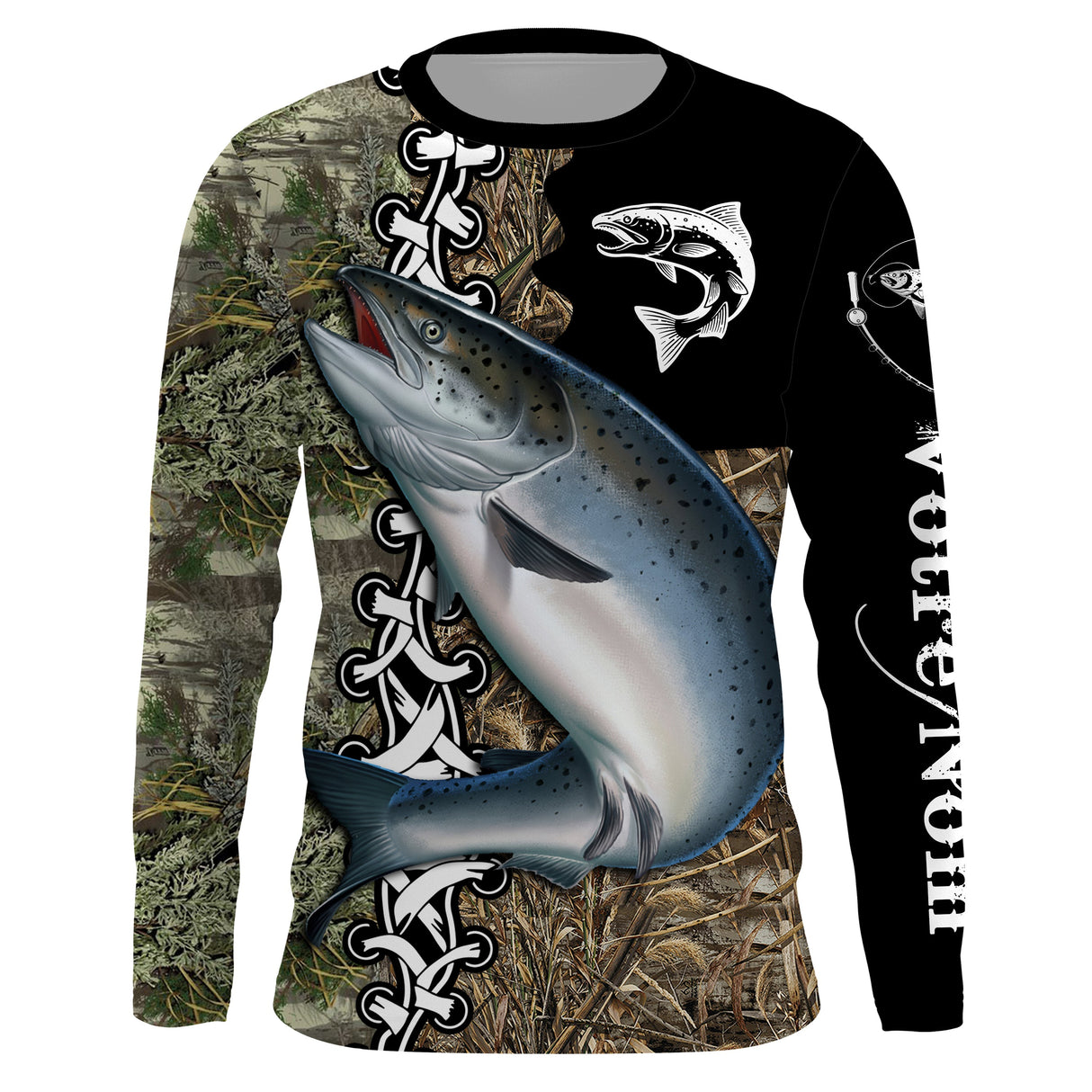 Maillot UV manches longues pêche saumon noir camouflage passion prénom personnalisé