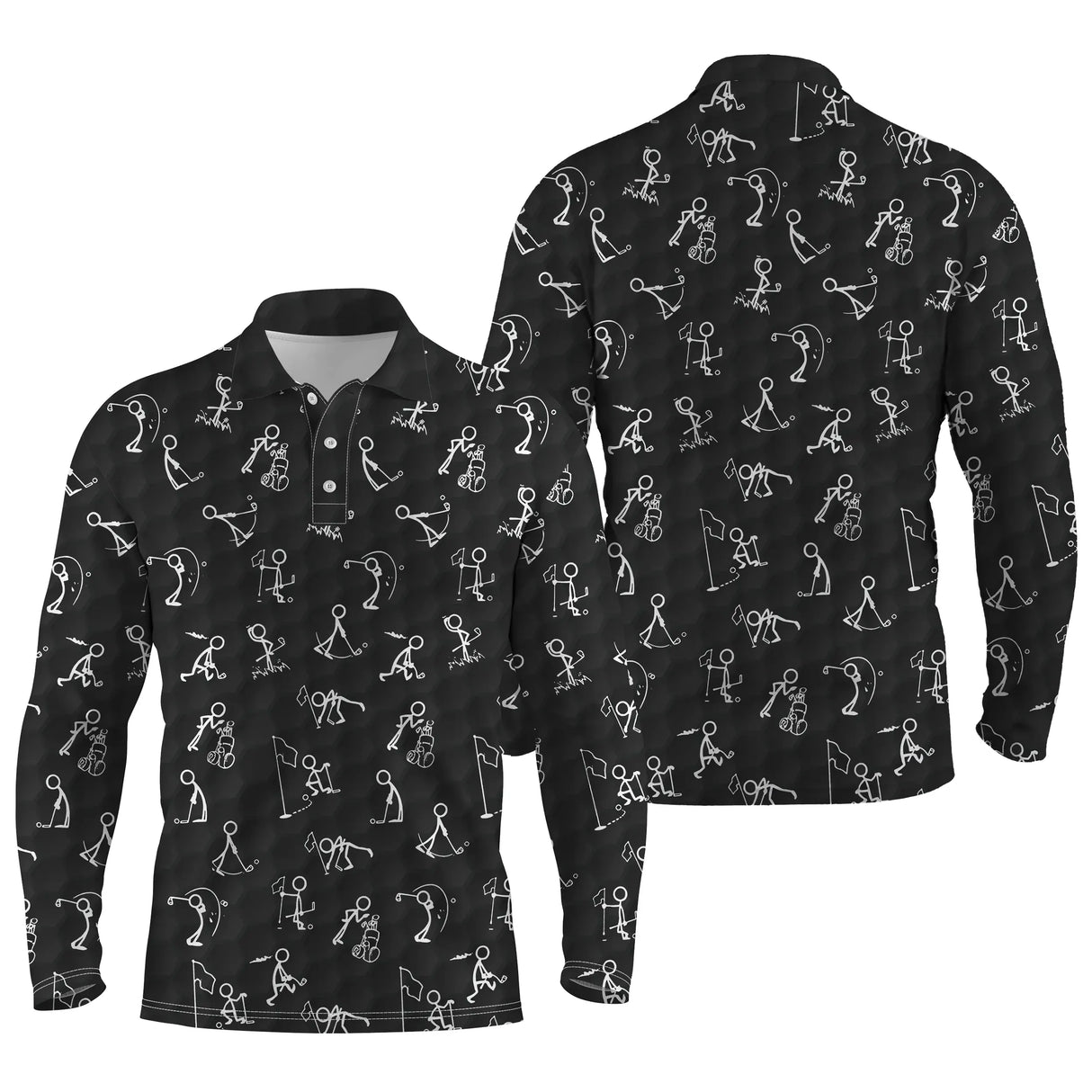 Polo manches longues golf unisexe noir intense stickfigures golfeurs swing all-over blanc tissu respirant