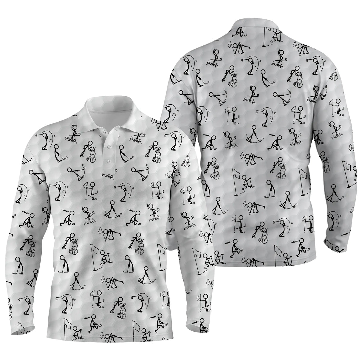 Polo manches longues golf unisexe blanc stickfigures golfeurs swing all-over noir tissu respirant