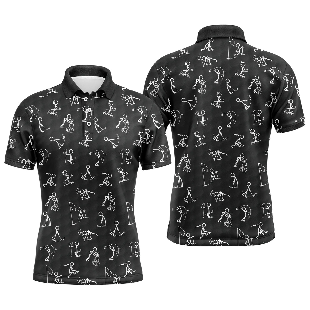 Polo golf homme noir intense stickfigures golfeurs swing dispersés all-over blanc coupe ajustée séchage rapide