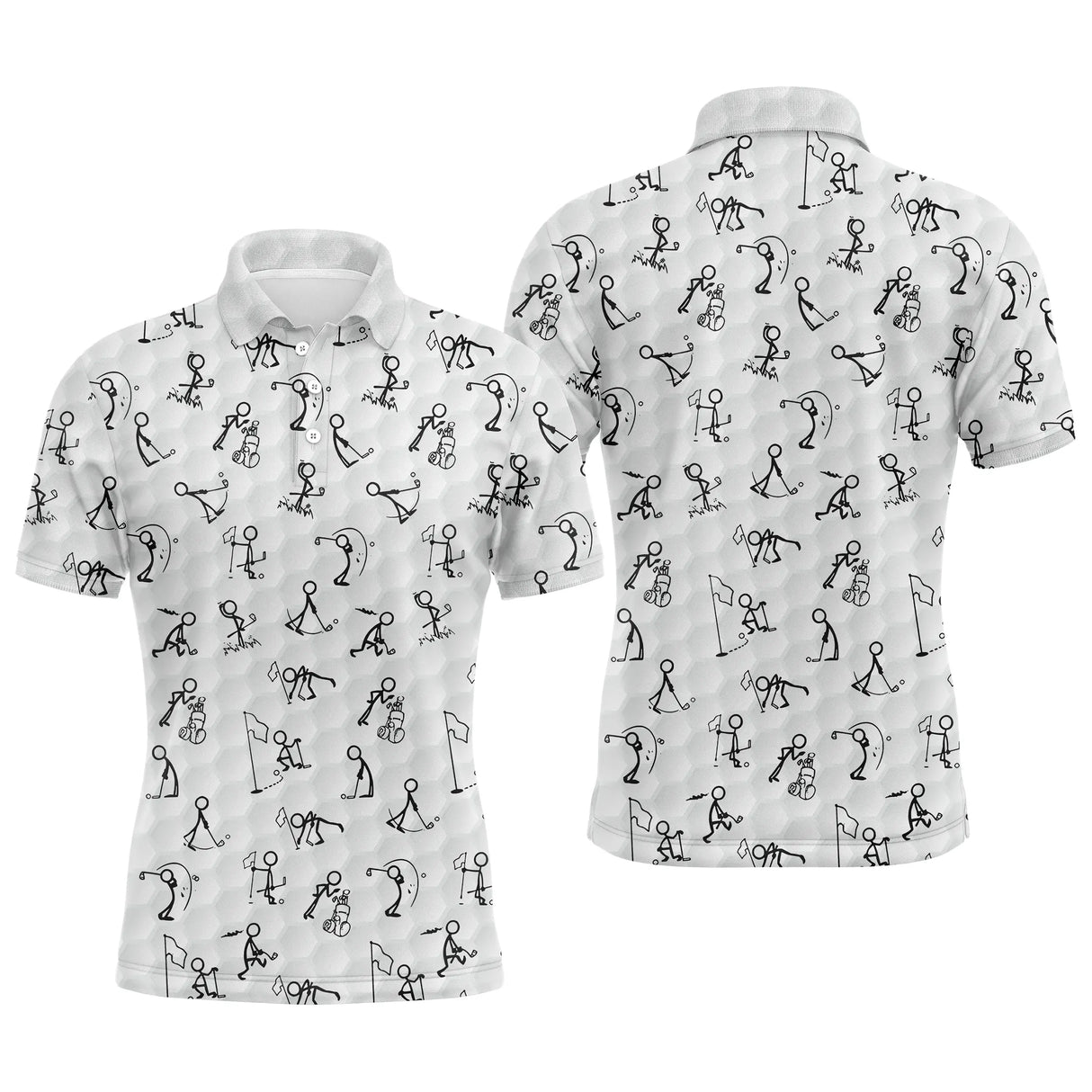Polo golf homme blanc stickfigures golfeurs swing dispersés all-over noir coupe ajustée séchage rapide humour