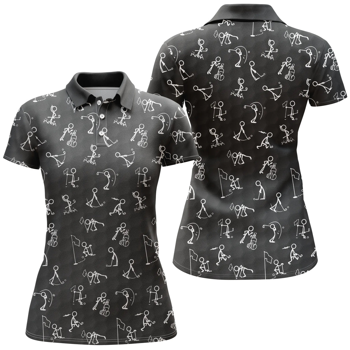 Polo golf femme noir intense stickfigures golfeurs swing dispersés all-over blanc coupe cintrée tissu respirant