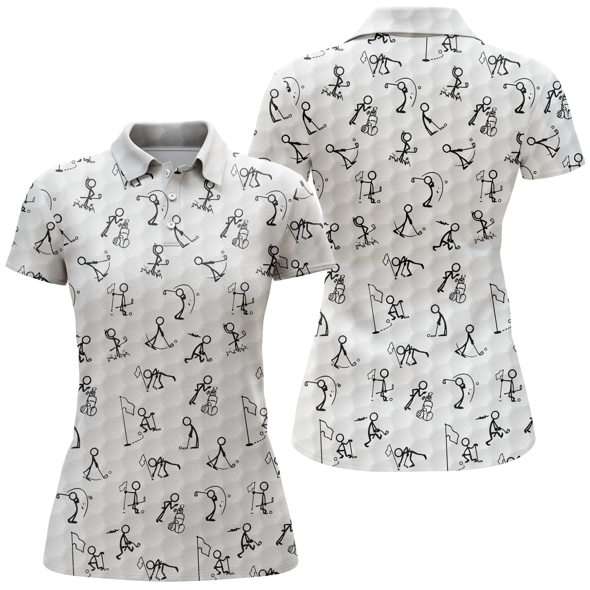 Polo golf femme blanc stickfigures golfeurs swing dispersés all-over noir coupe cintrée tissu respirant