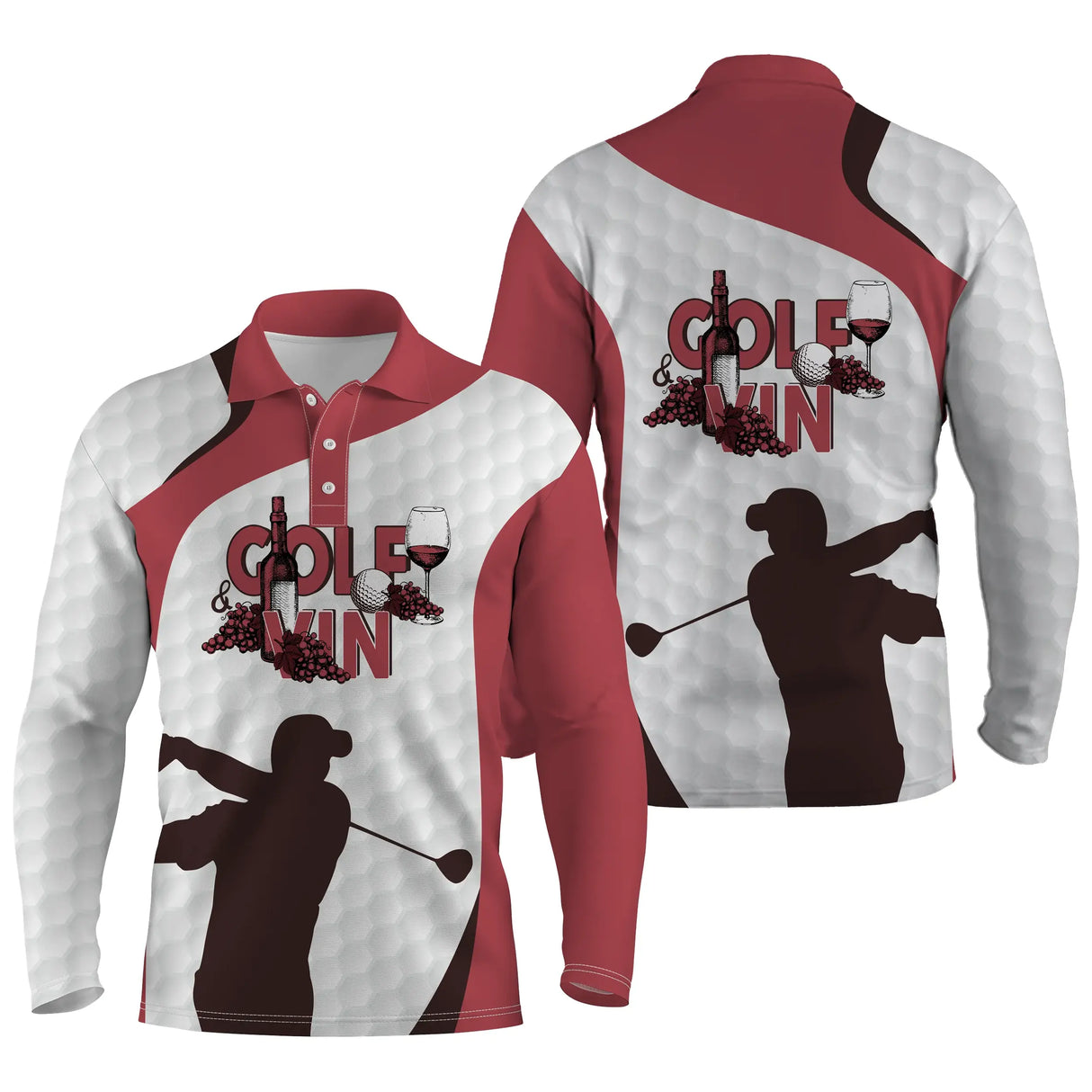 Polo manches longues golf unisexe bicolore rouge bordeaux et blanc balle silhouette golfeur prénom tissu respirant