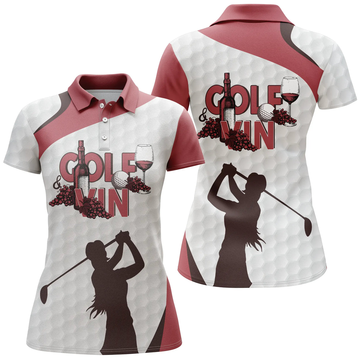 Polo golf femme bicolore rouge bordeaux et blanc balle silhouette golfeur swing zone prénom coupe cintrée