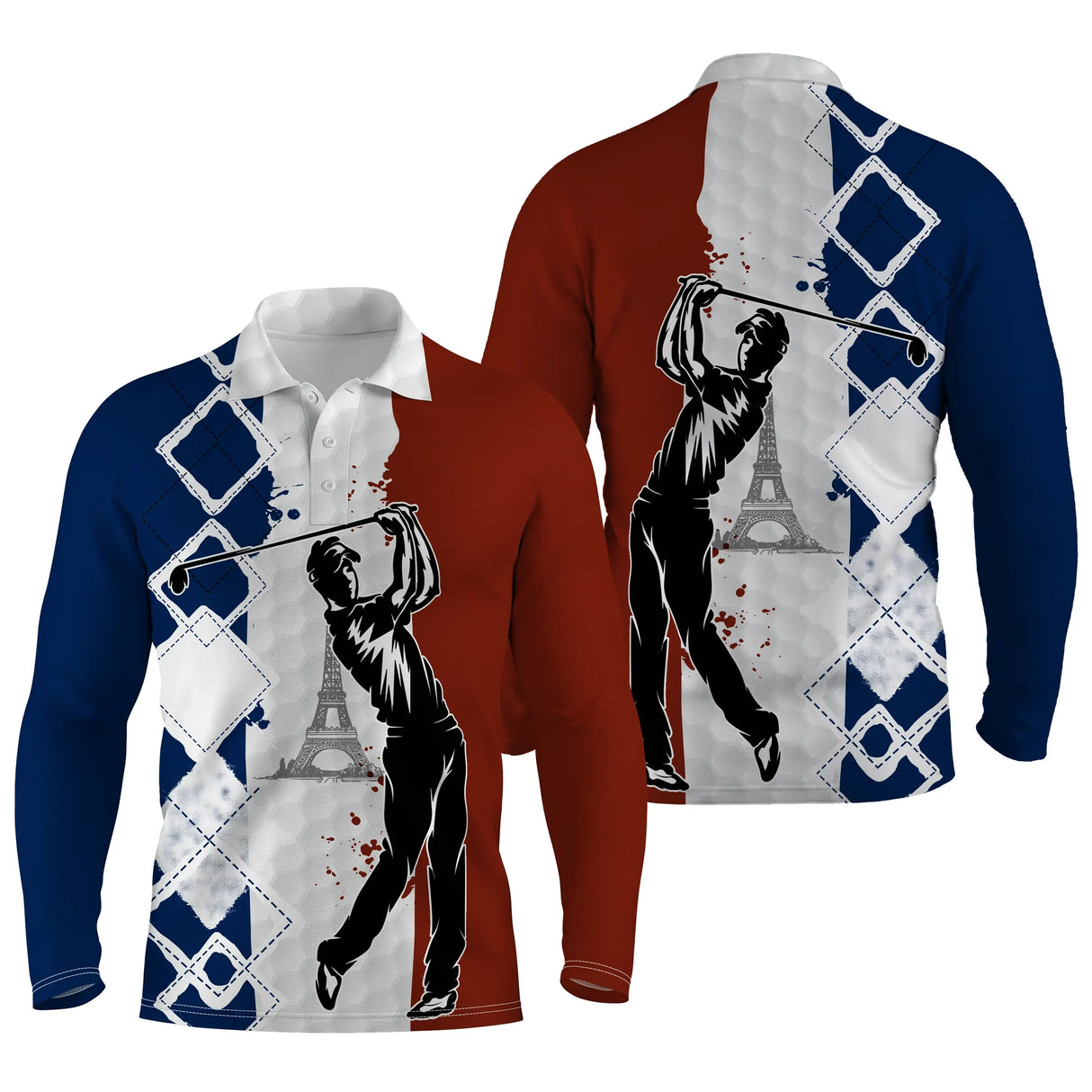 Polo manches longues golf unisexe argyle tricolore bleu blanc rouge Tour Eiffel golfeur tissu respirant