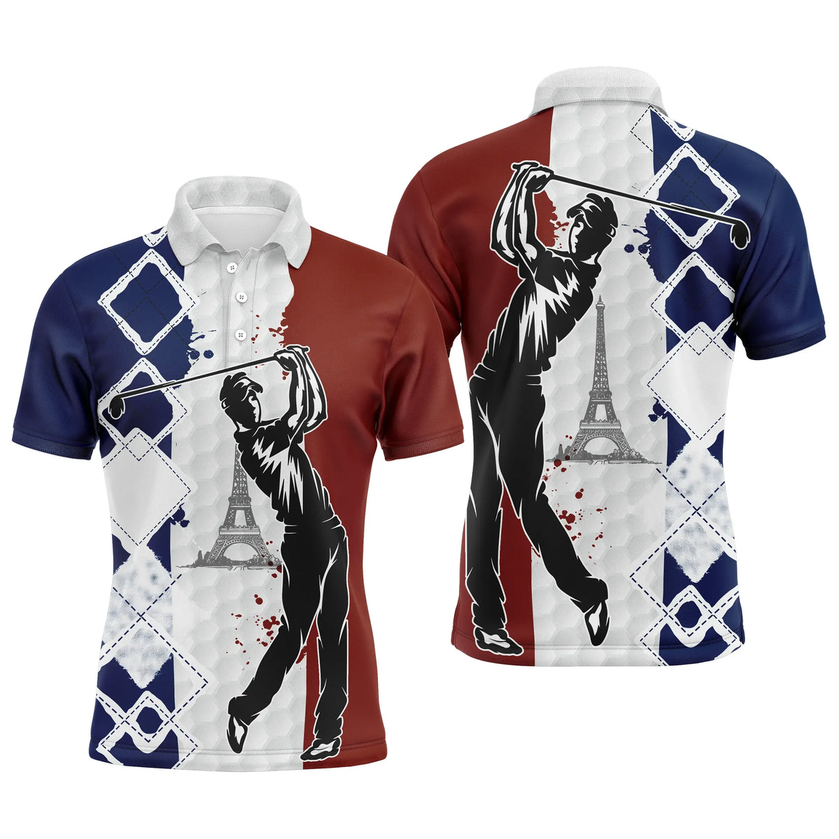 Polo golf homme argyle losange tricolore bleu blanc rouge silhouette Tour Eiffel golfeur swing surimpression centrale