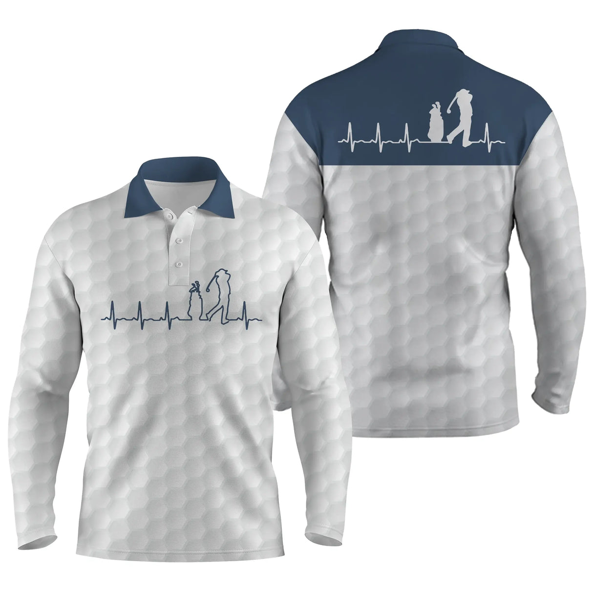 Polo manches longues golf unisexe blanc col bleu marine tracé battement cœur ECG silhouette golfeur tissu respirant