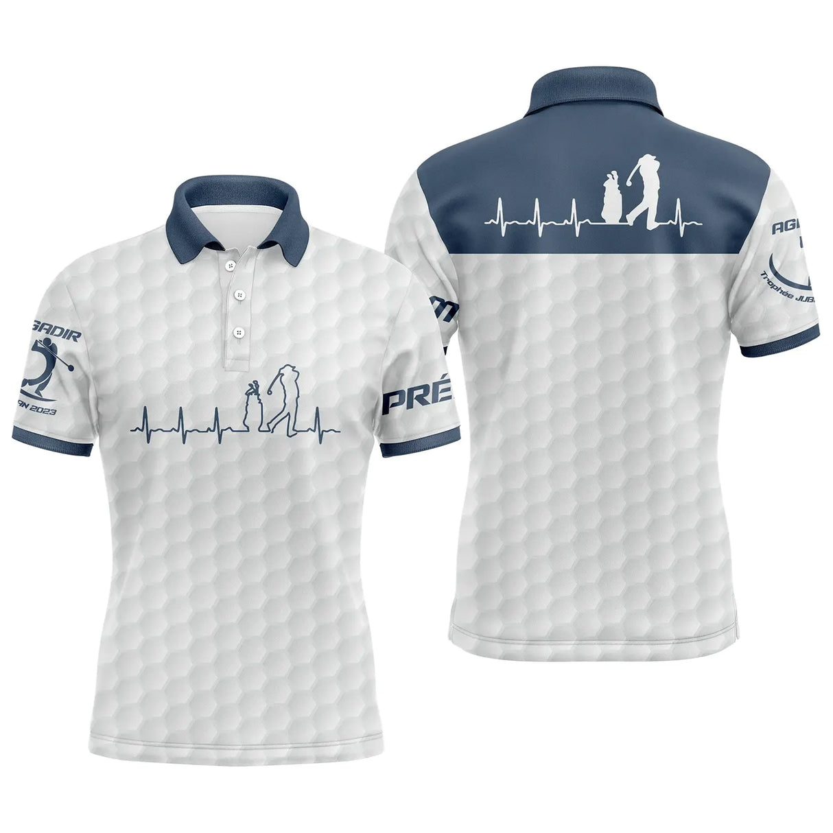 Polo golf blanc bleu marine avec battement de coeur stylisé et silhouette golfeur en swing, prénom et logo personnalisés