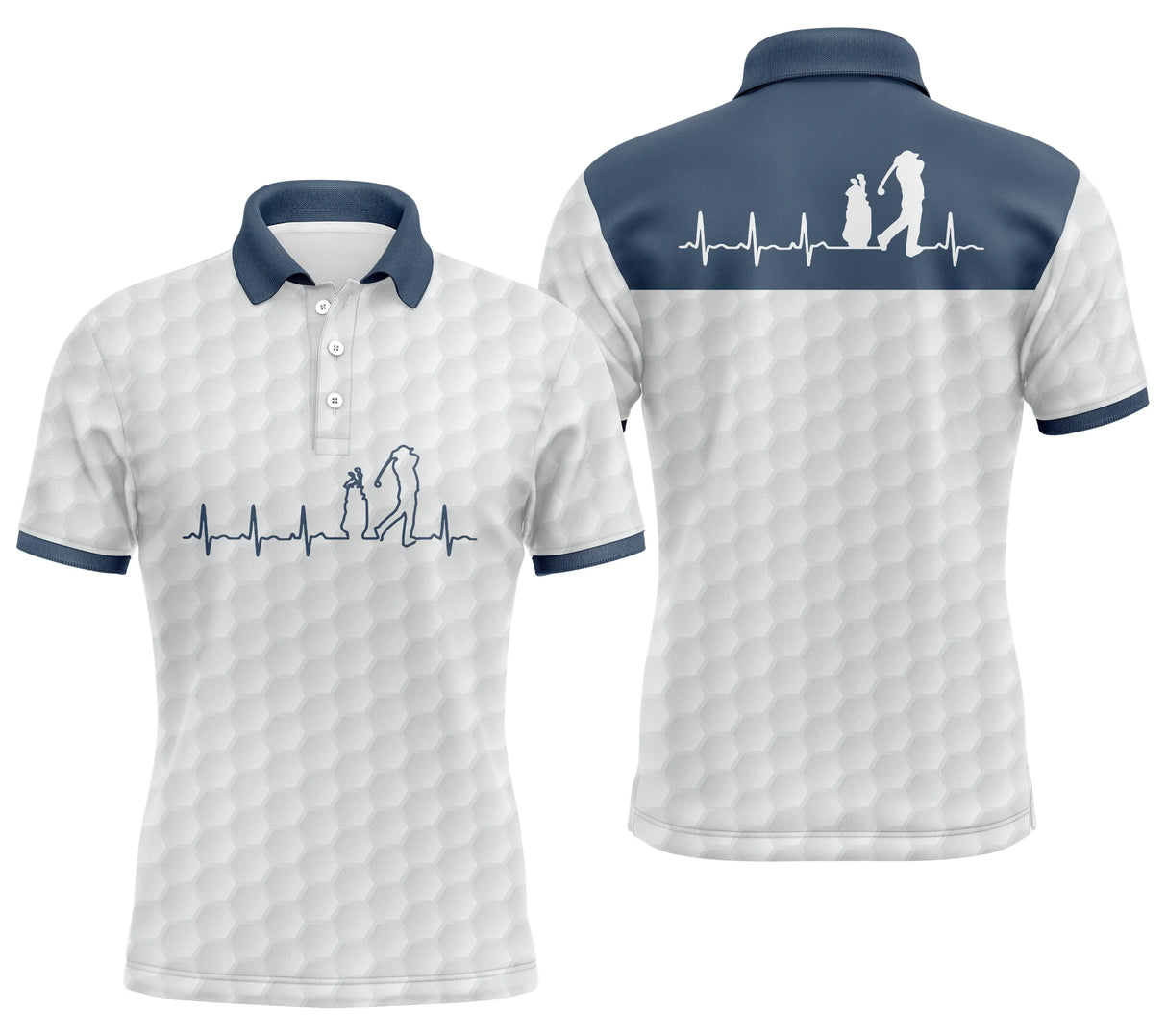 Polo golf homme blanc texture balle col bleu marine inserts épaules tracé battement cœur ECG silhouette golfeur swing