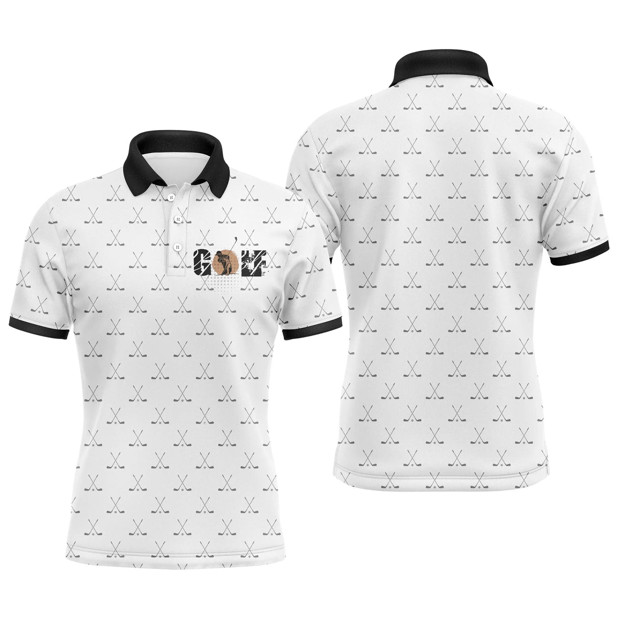 Polo golf homme blanc icons clubs croisés noirs répétés damier subtil col et manchettes noirs inscription Golf central