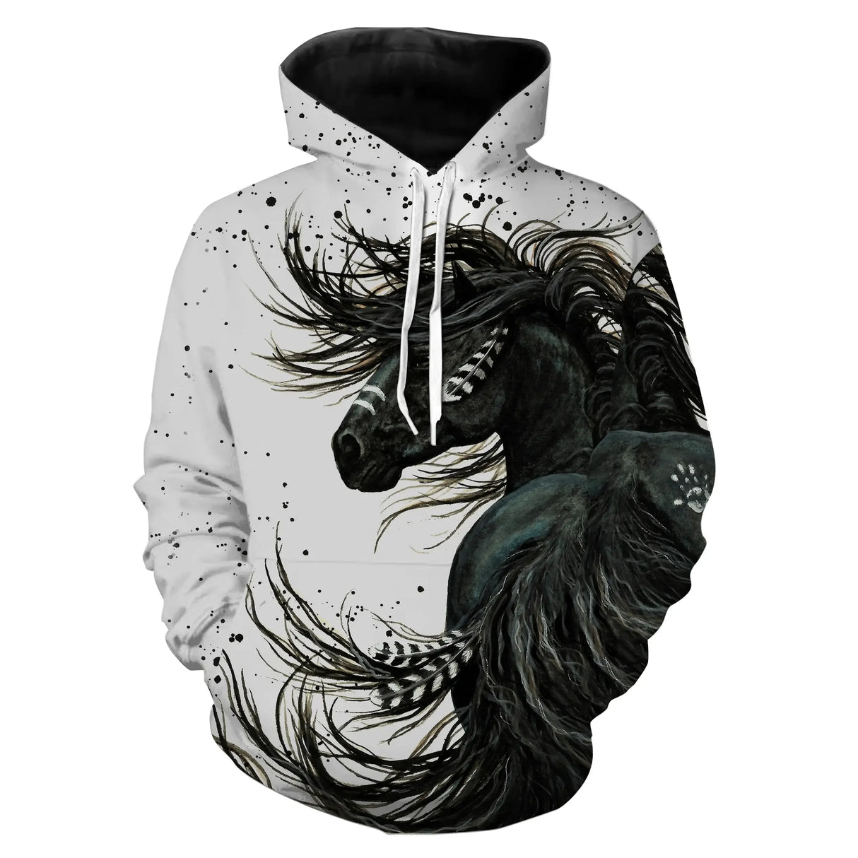 Sweater all-over cheval passion noir et blanc manches longues unisexe encre aquarelle