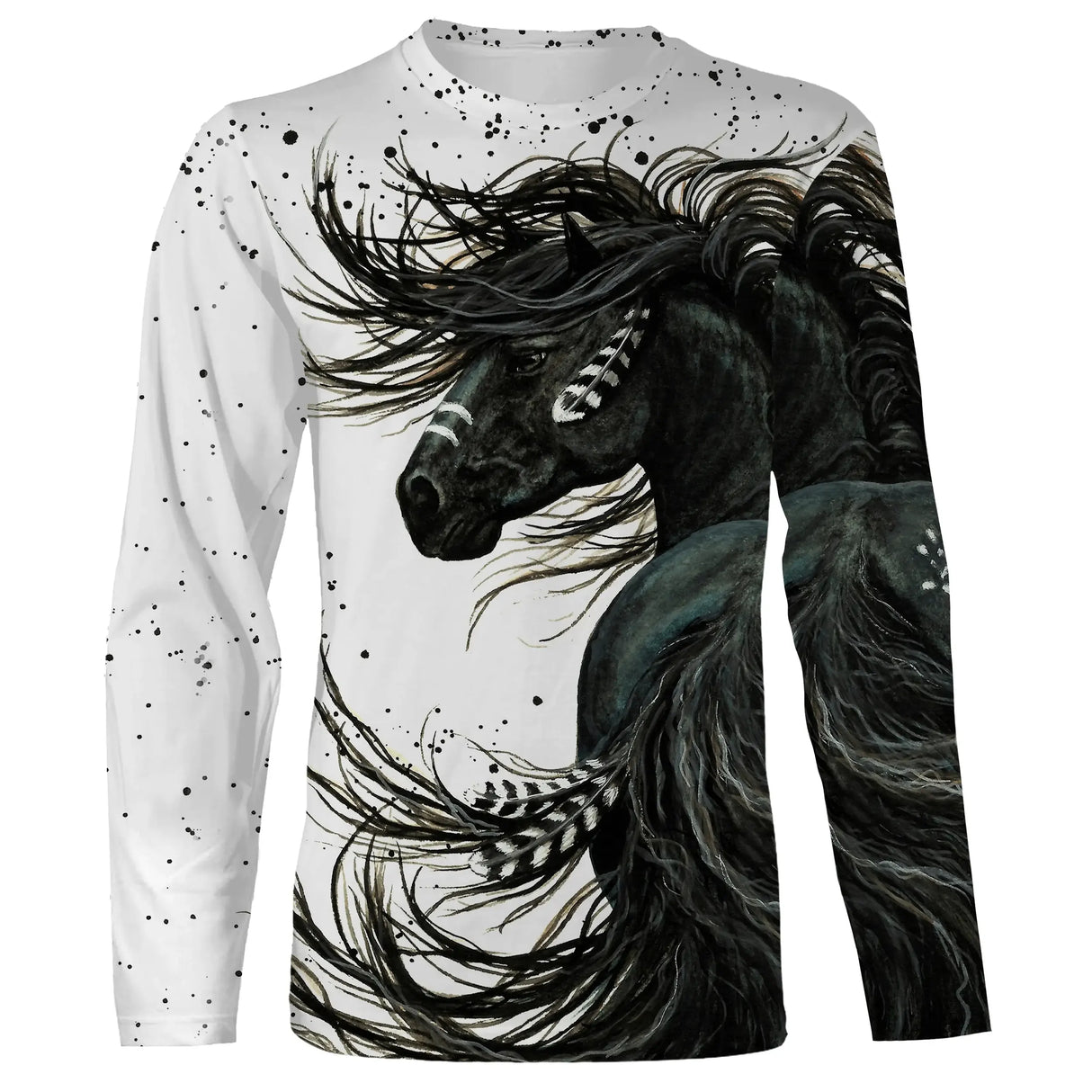 Manches longues cheval passion noir et blanc avec cheval aquarelle encre éclaboussures all-over