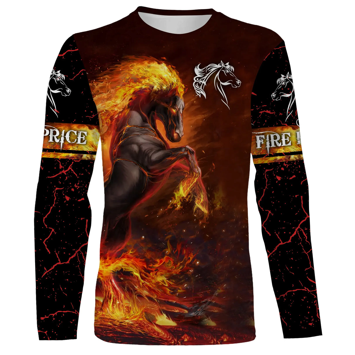 Manches longues cheval de feu rouge et orange avec cheval cabré flammes étincelles all-over