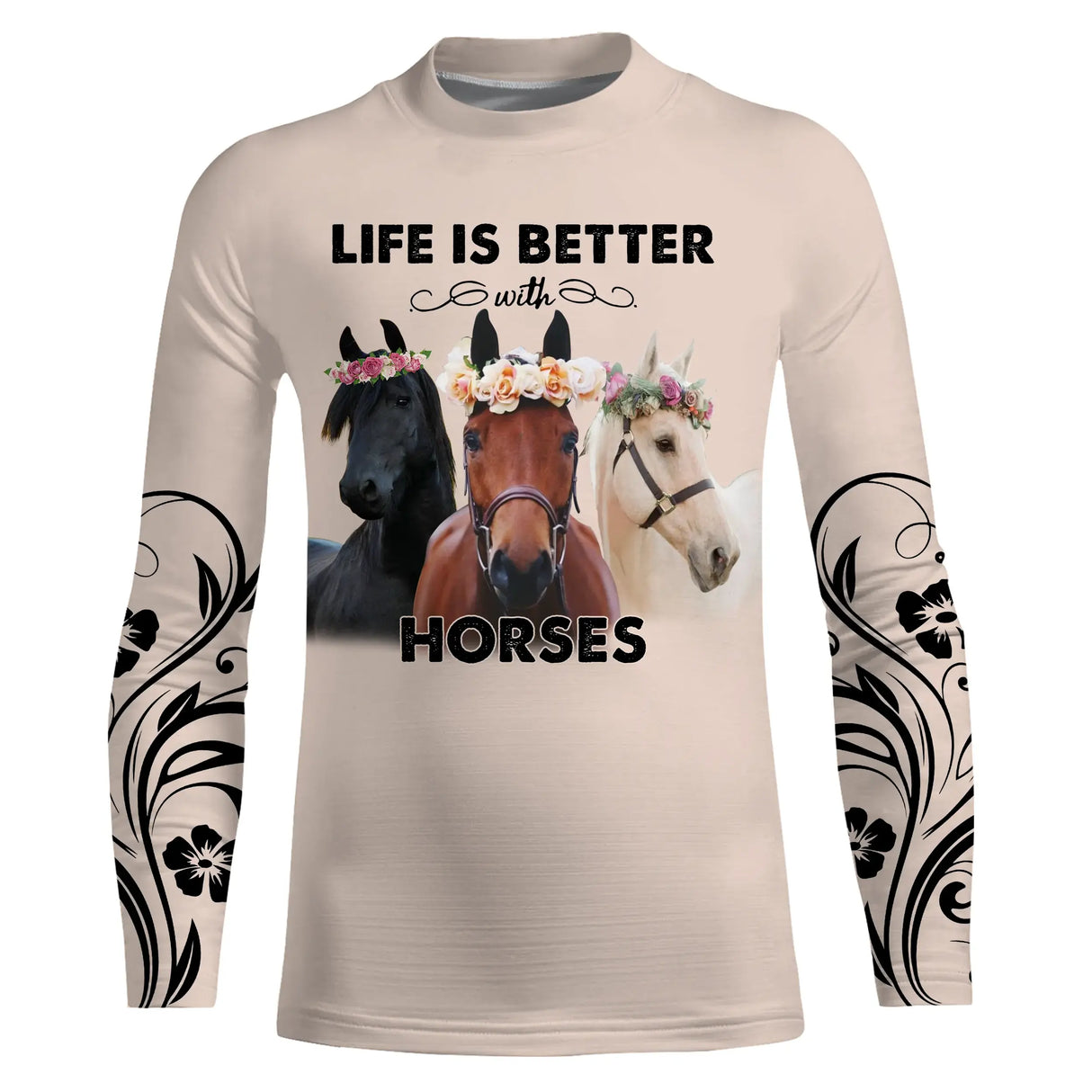 Débardeur all-over cheval beige avec trois chevaux fleuris Life Is Better With Horses été
